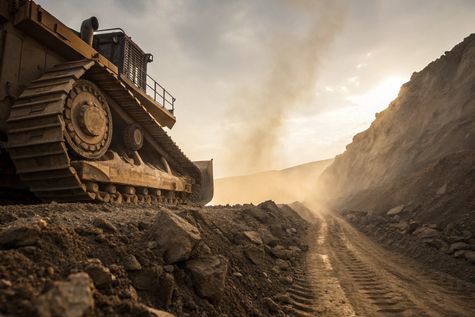 Powerful bulldozer moving earth and rocks at a dusty construction site sunset.