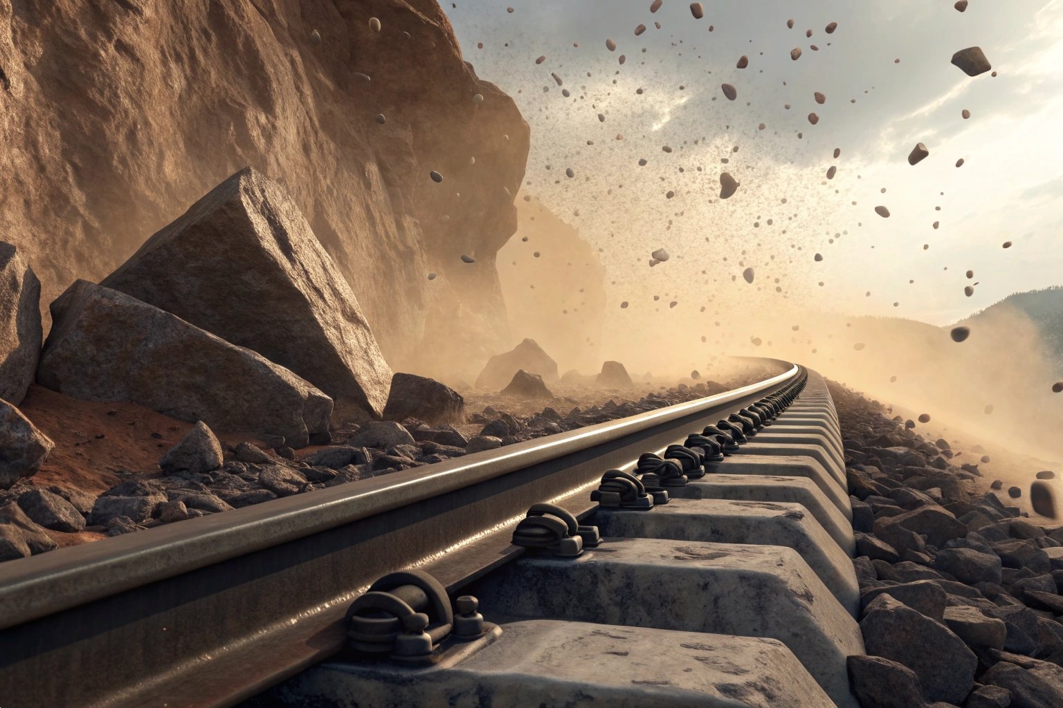 Railway Tracks in Rocky Canyon with Debris Removal for Infrastructure Maintenance.