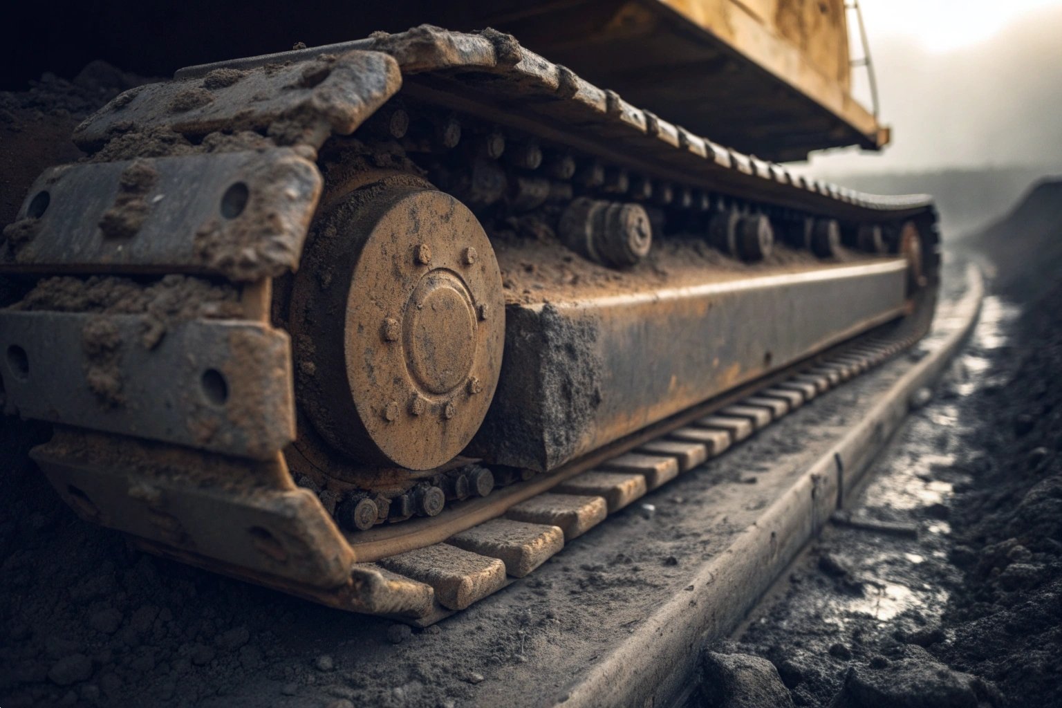Extreme close up of a muddy excavator track undercarriage on site.