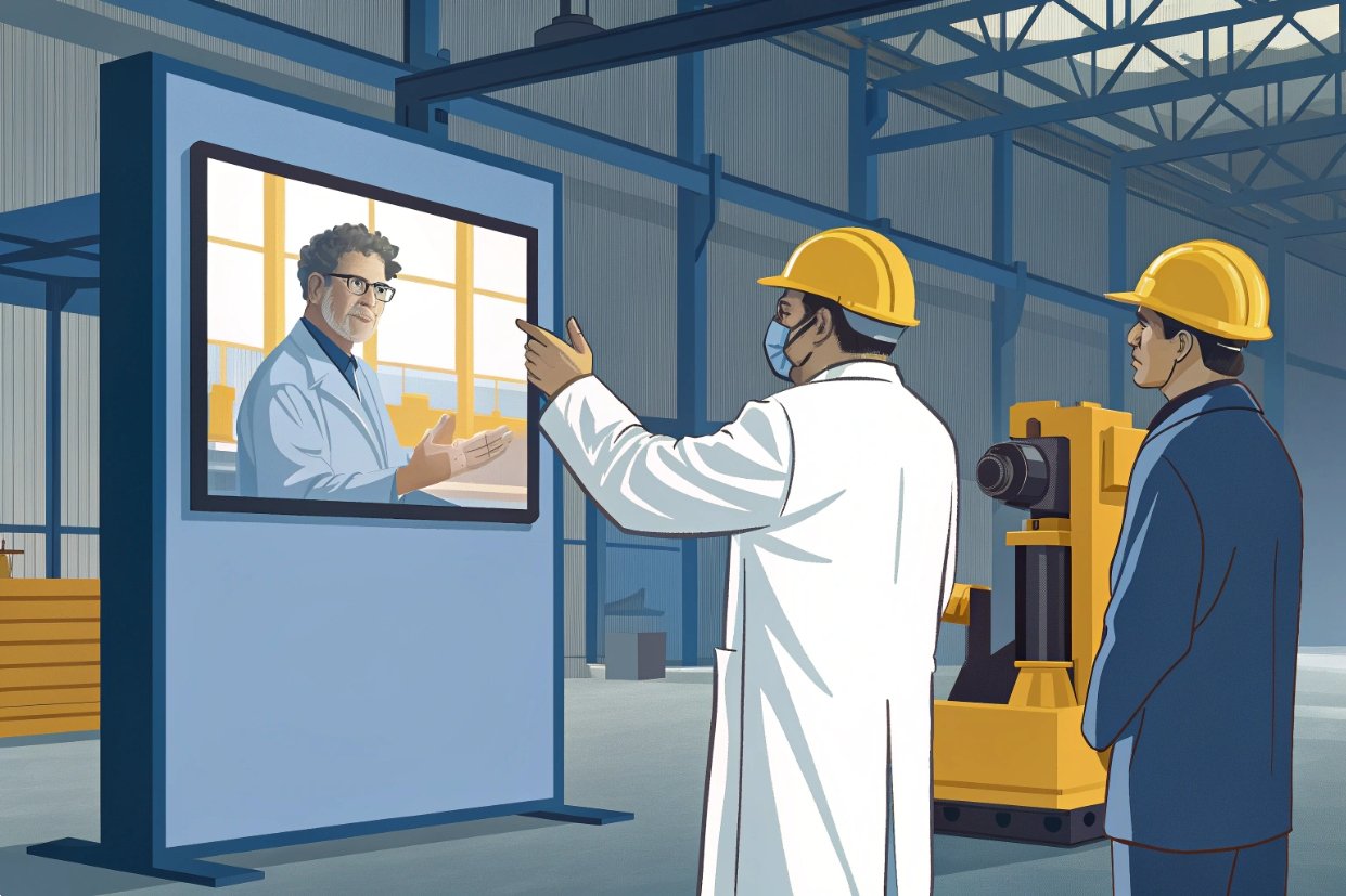 Industry consultation via video call, modern communication in manufacturing.