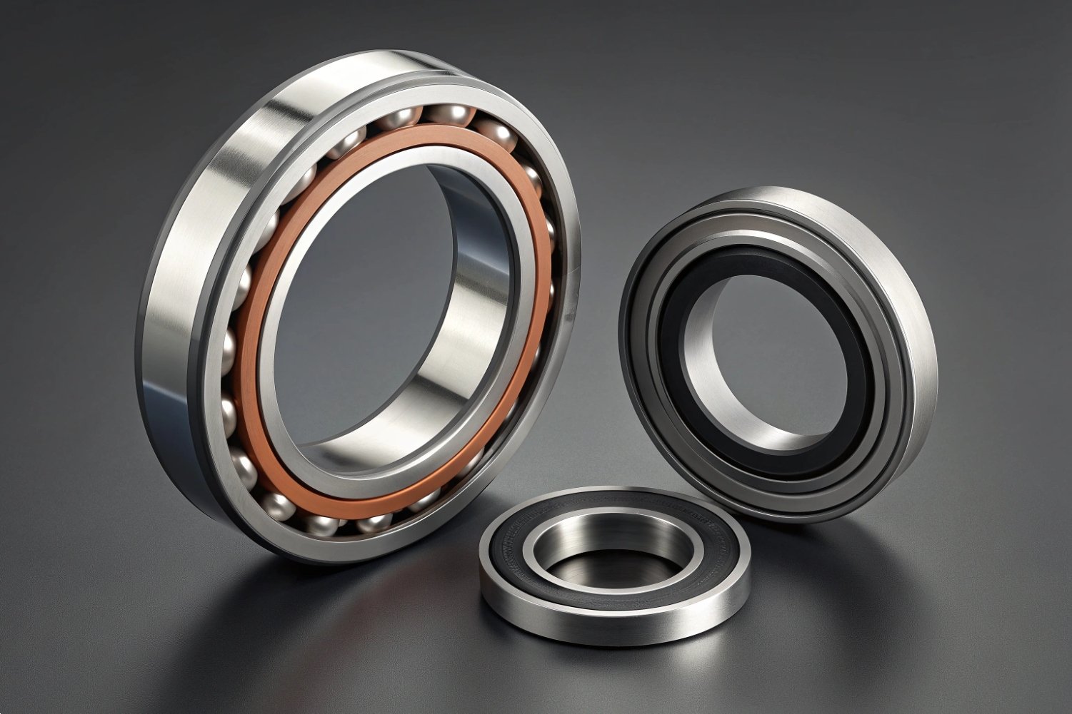 Three different sizes of precision steel ball bearings displayed on a dark surface.
