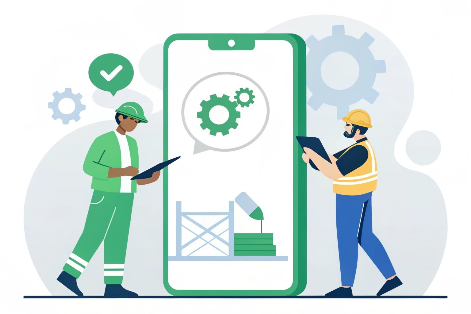 Illustration of construction workers using digital devices, blueprint display, mobile app integration
