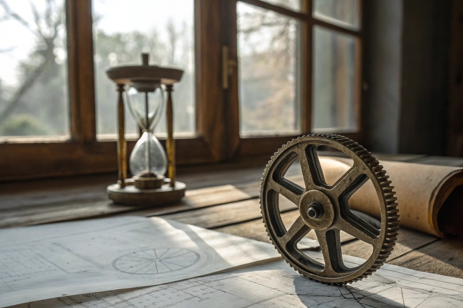 Design Evolution Sunlit room with a detailed gear and hourglass on blueprints near an open window.