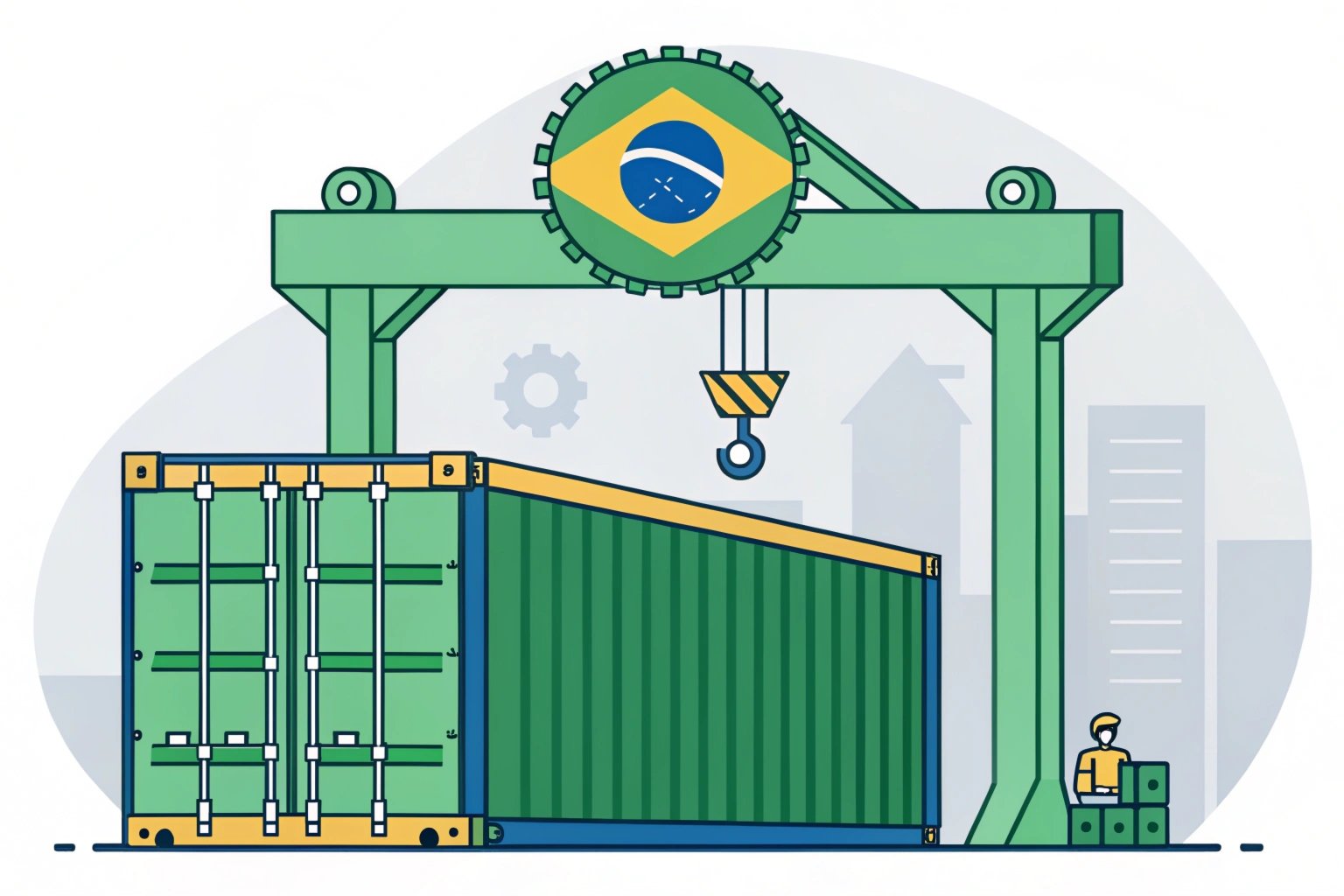 Illustration of a crane placing a shipping container under Brazilian emblem.