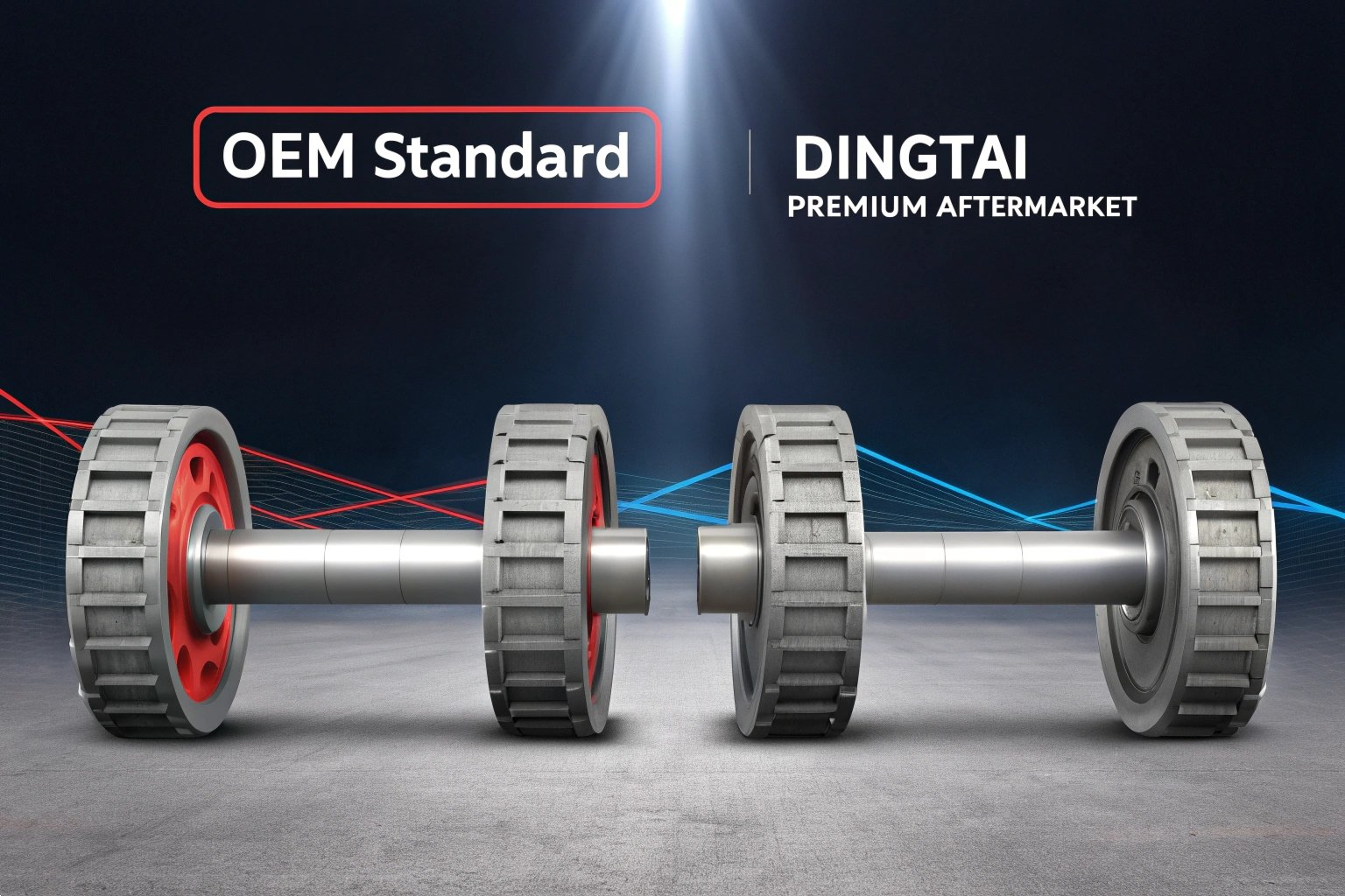 Four heavy-duty industrial wheels aligned on a dark platform.