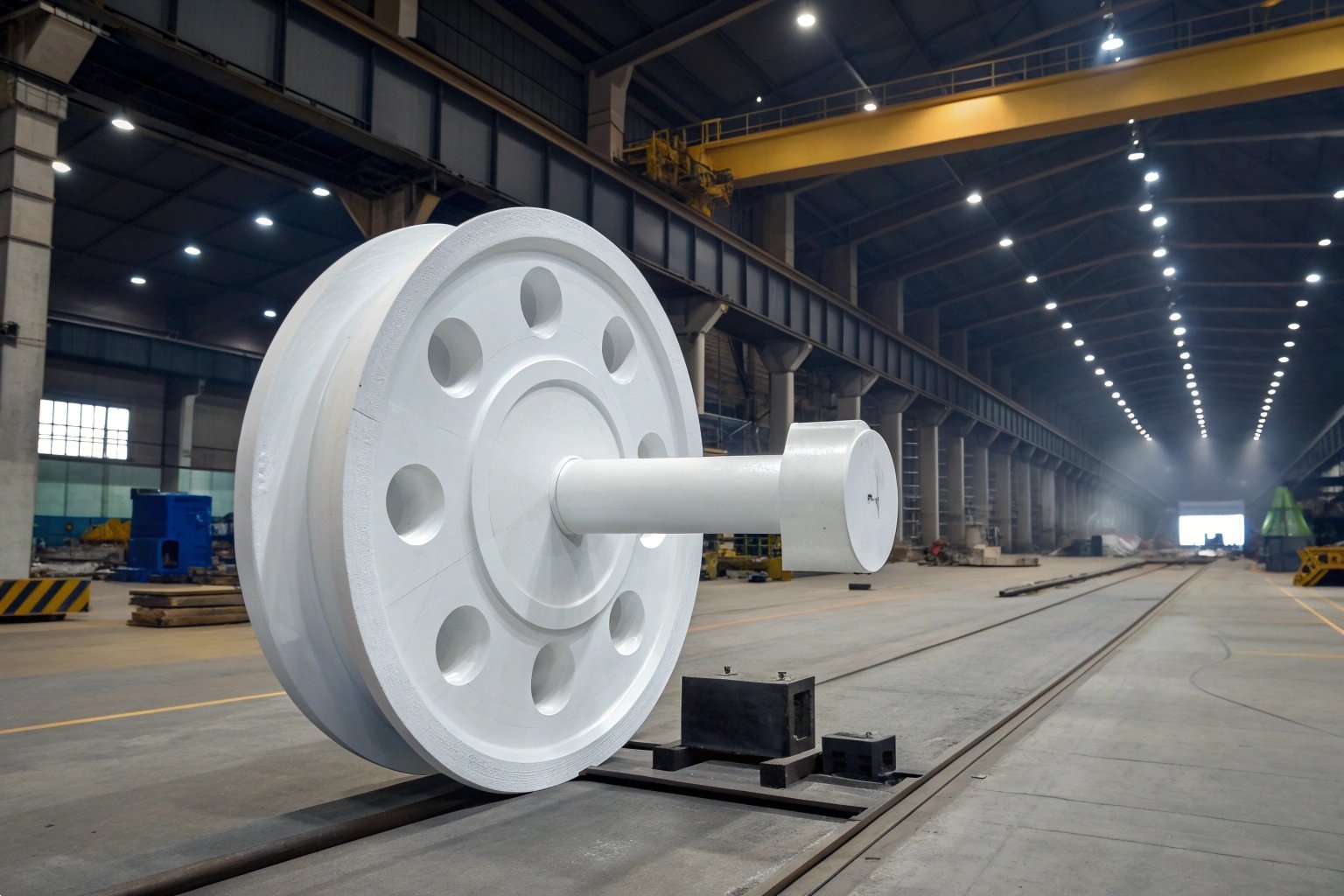 Large industrial wheel component displayed in expansive factory setting.