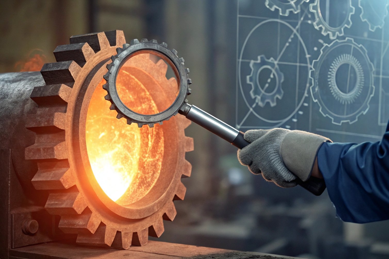 Inspecting glowing industrial gear with magnifying glass.