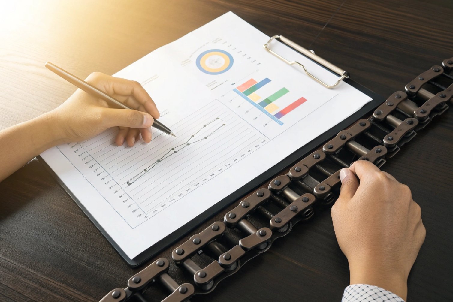 Business analyzing charts with metal chains, showing industrial market trends.
