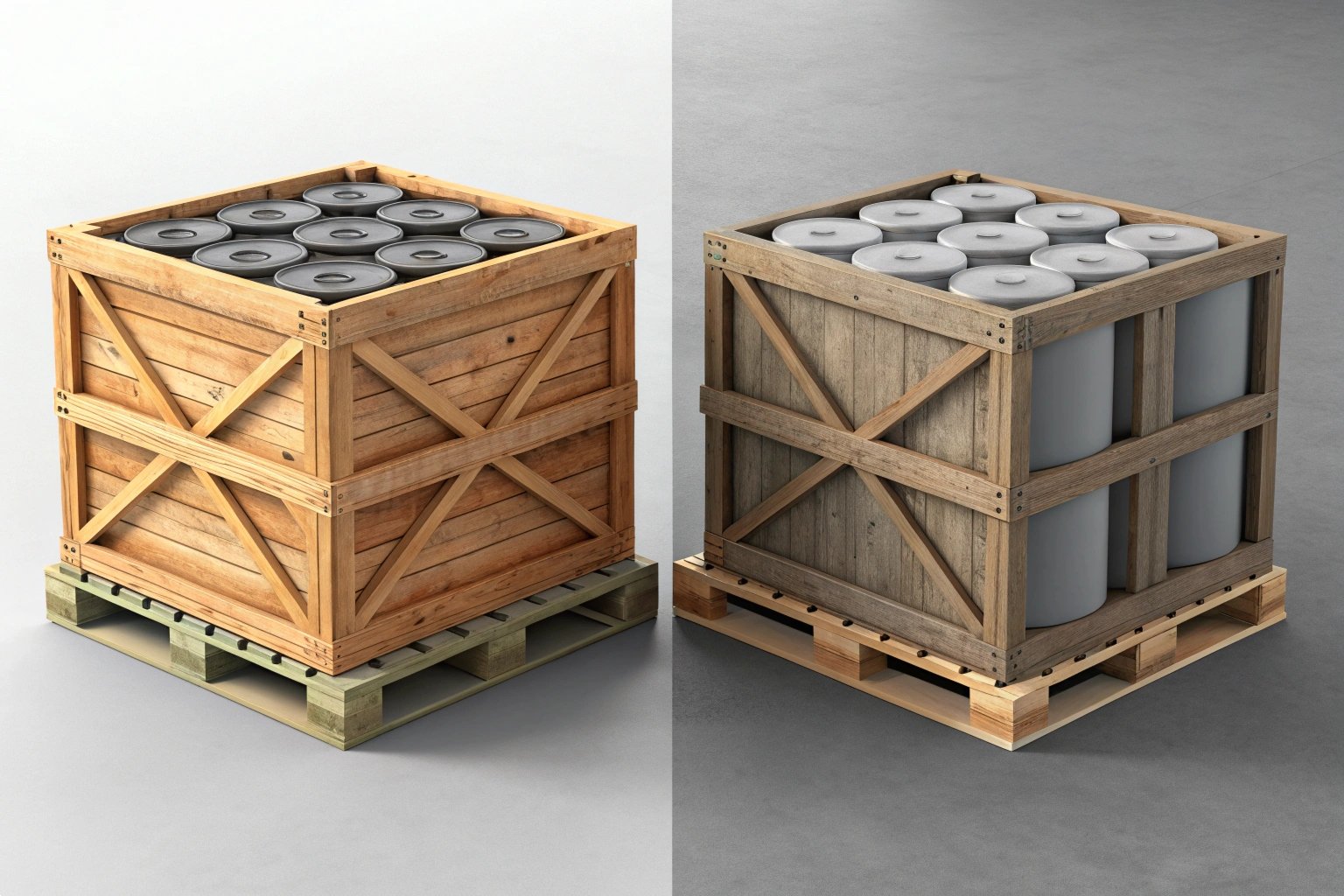 Comparative Rendering of Pallet and Wooden Case Packaging
