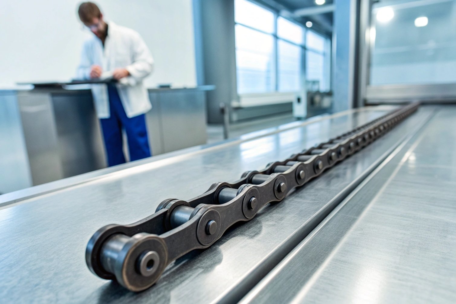 Metal chain on testing table with technician reviewing data.