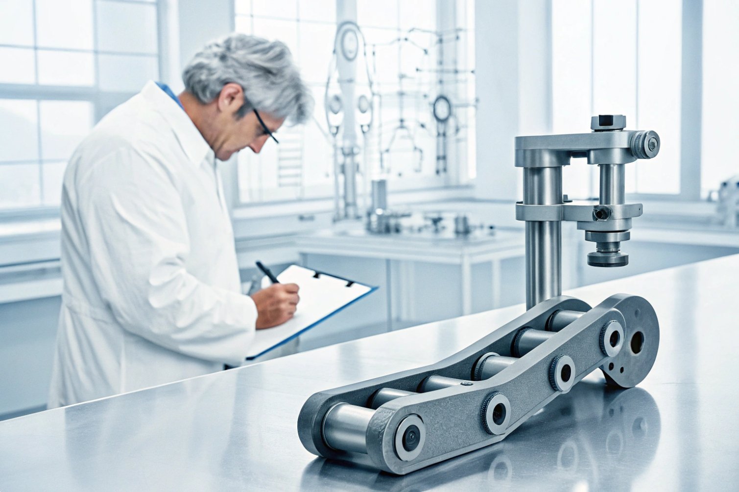 Technician analyzing chain in laboratory setting.