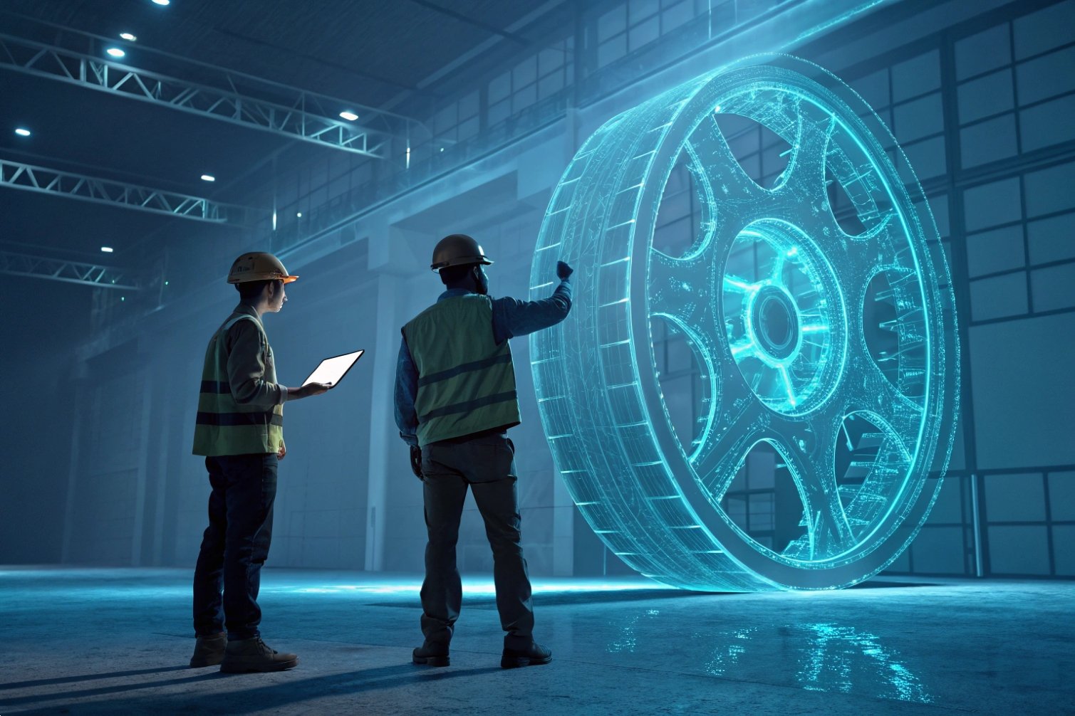 Engineers using digital hologram projection for machinery design.