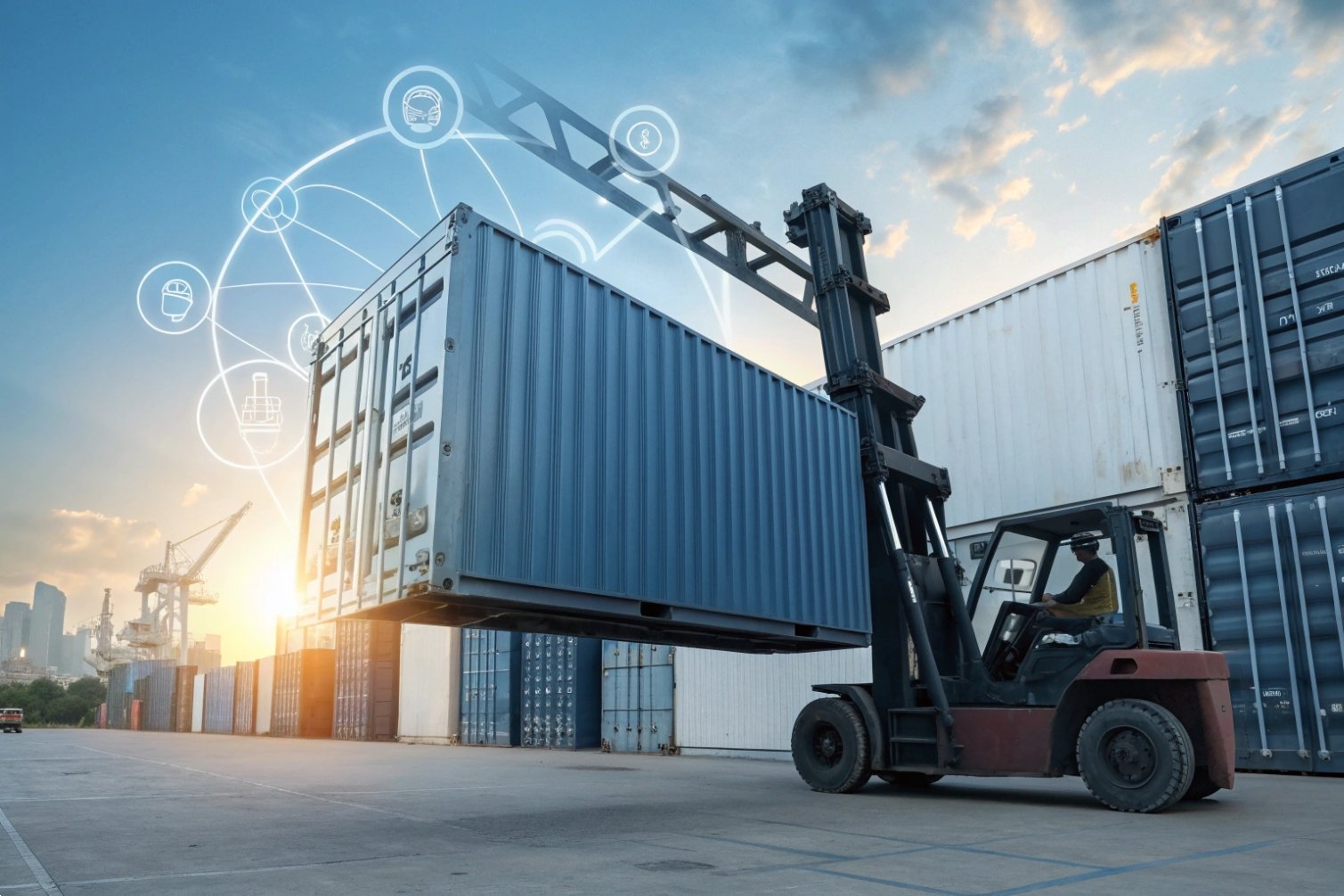 Forklift moving shipping container at port.