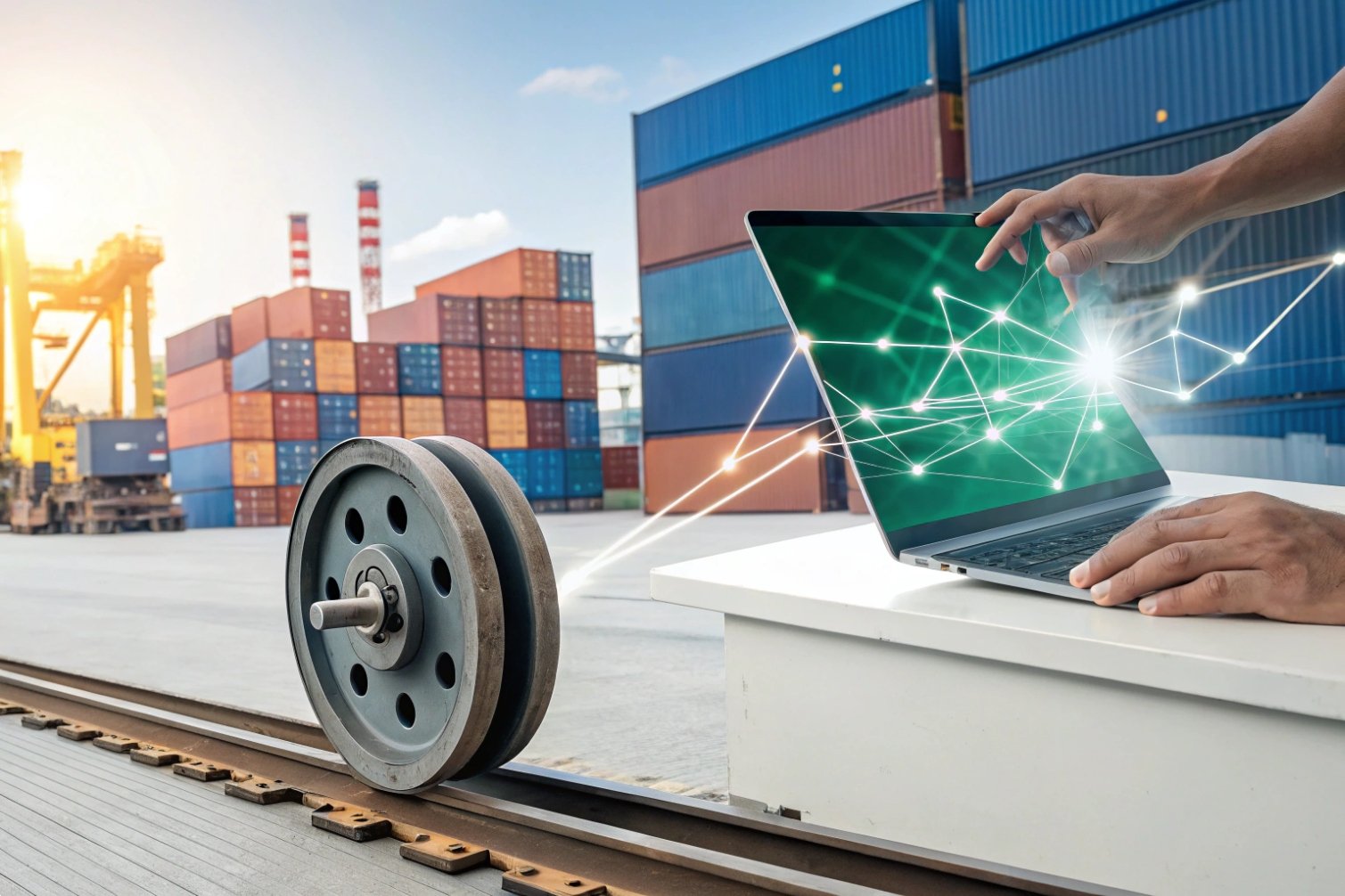 Laptop connecting logistics in shipping yard