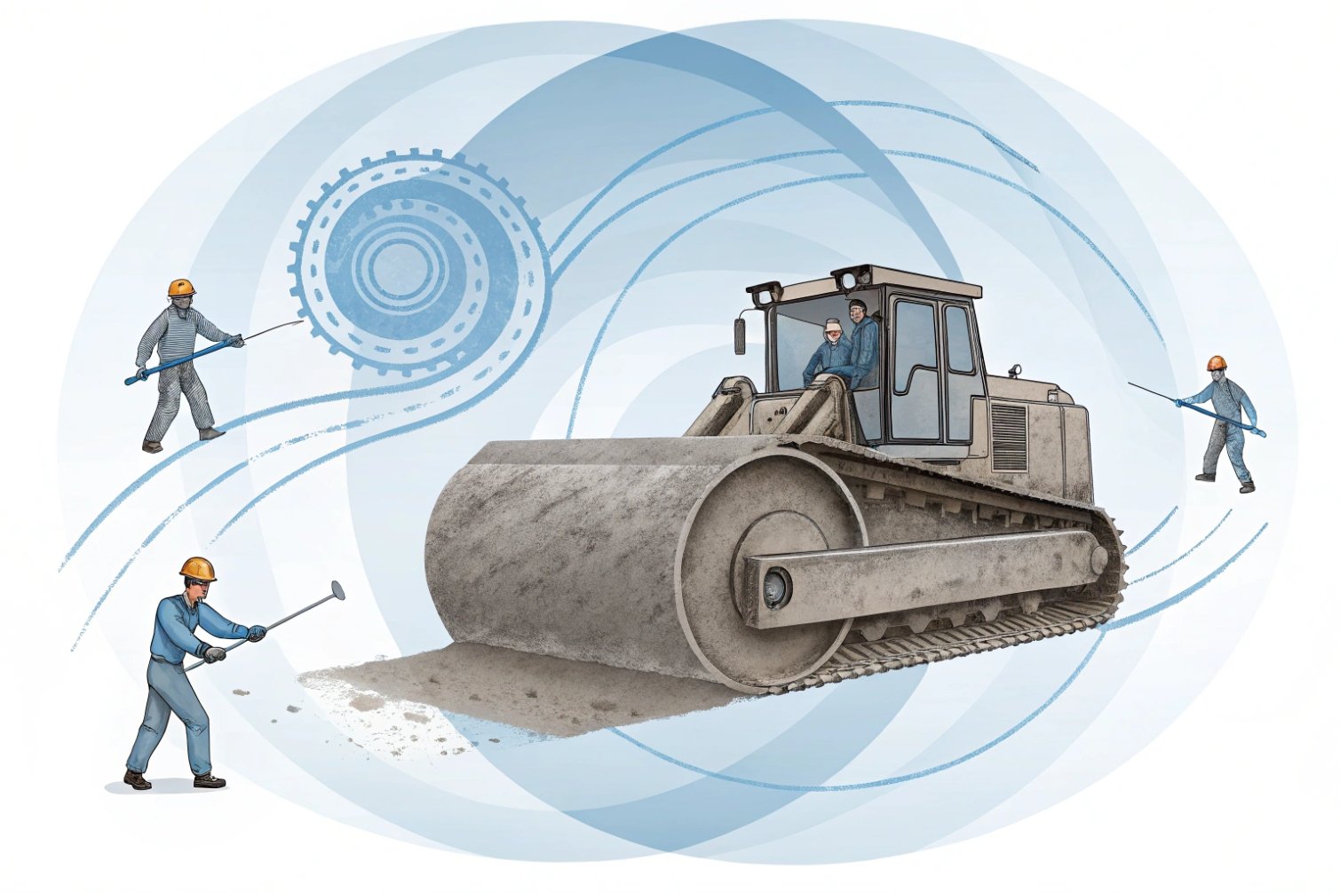 Illustration of road roller and construction workers