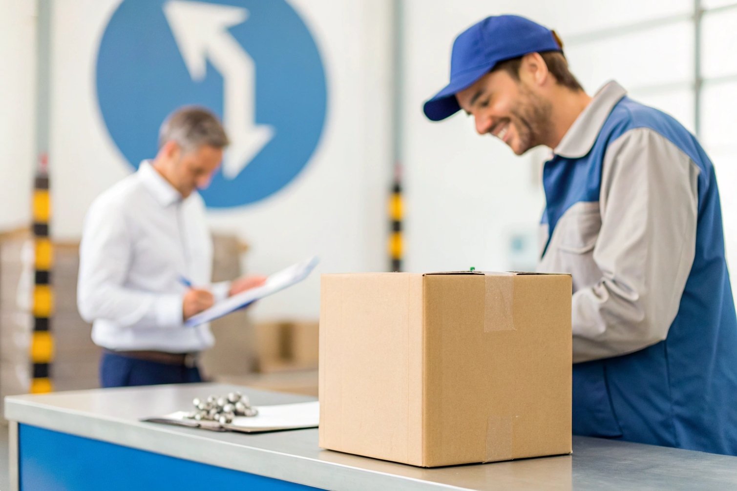 Warehouse setting with two men, one blurred, inspecting a package box on a counter.