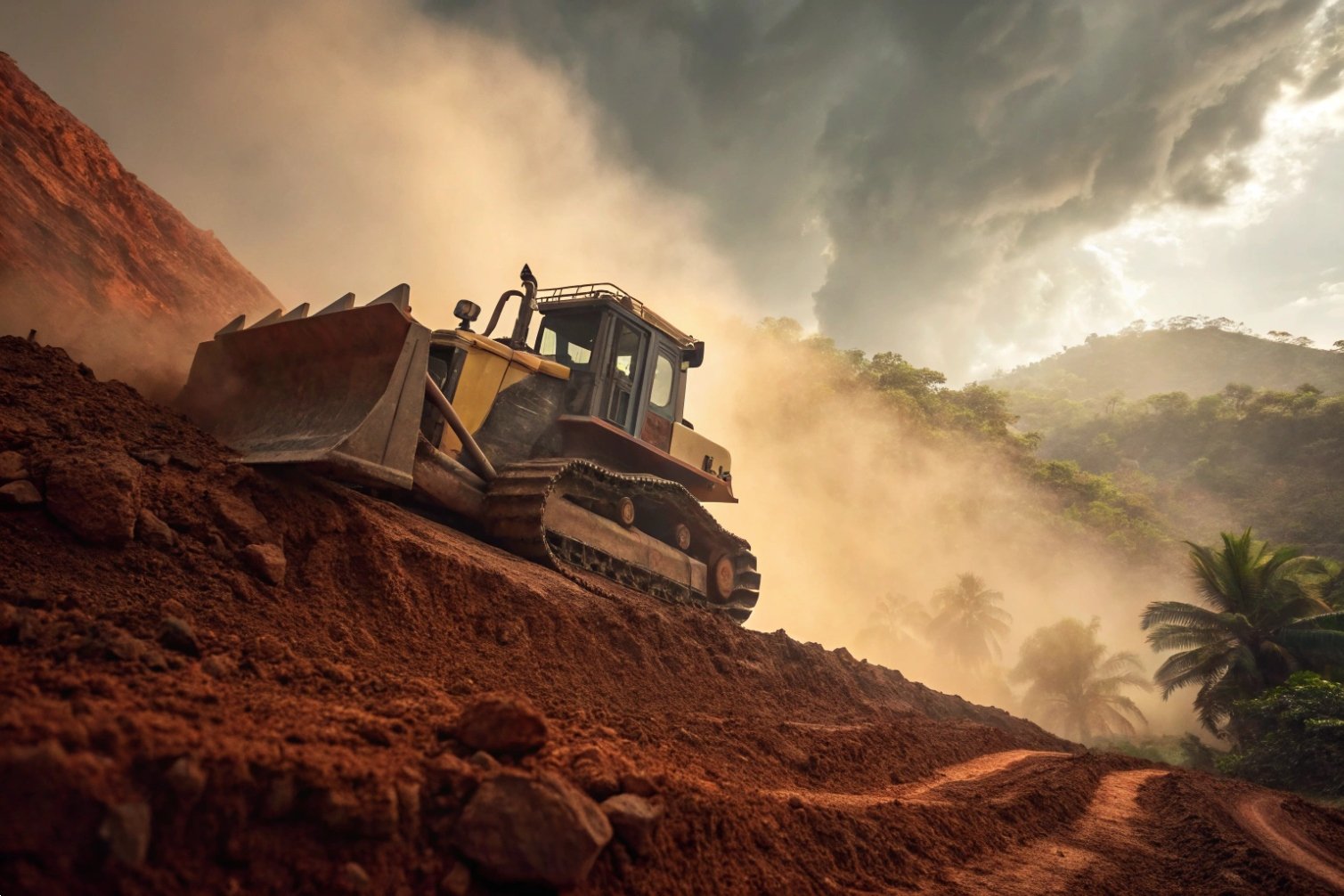 Bulldozer moving soil on steep terrain in tropical setting.