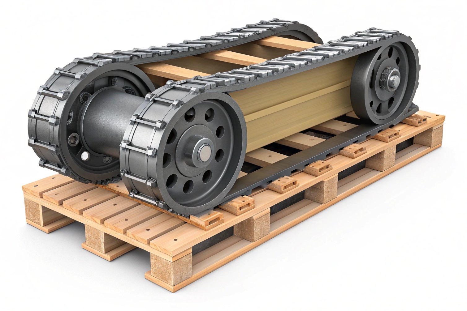 Heavy-duty track mechanism on wooden pallet stand.