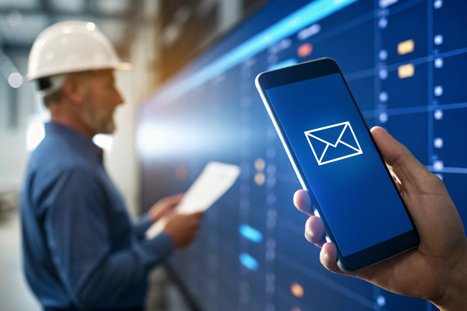 Professional holding phone with email icon, blurred man in background.