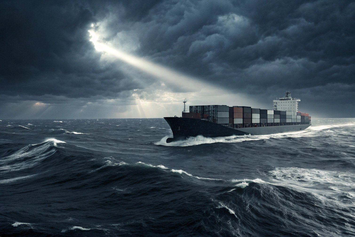 Container ship navigating through stormy ocean.