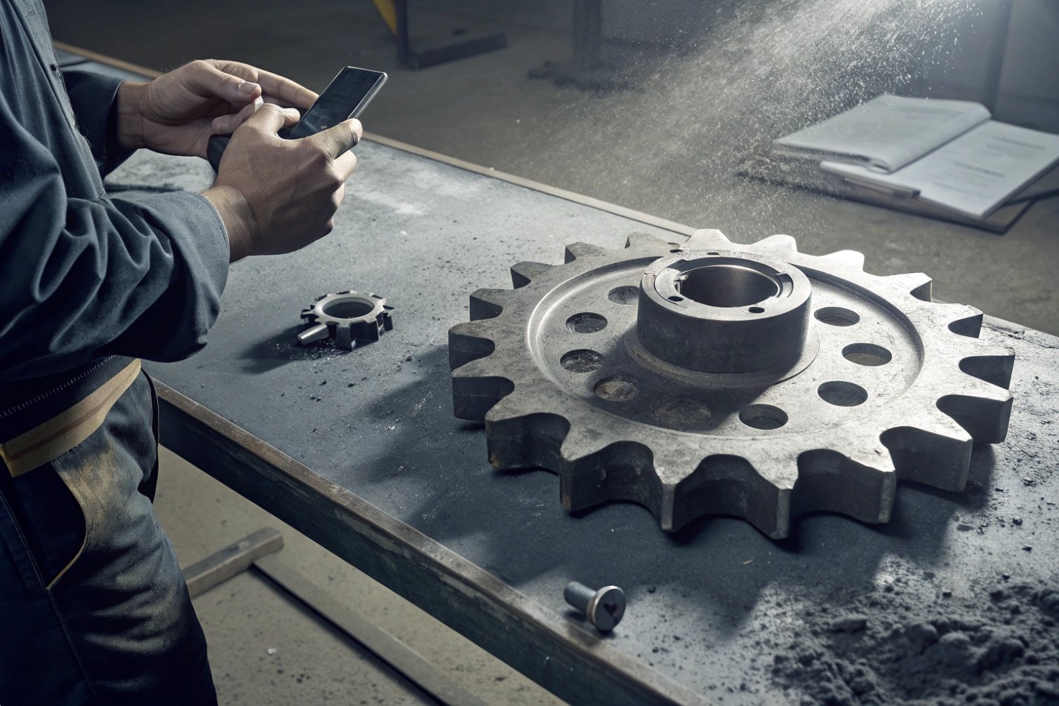 Mechanic taking picture of large metal gear.