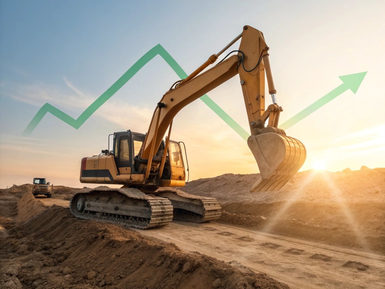 Construction growth Excavator working on site with graph overlay.