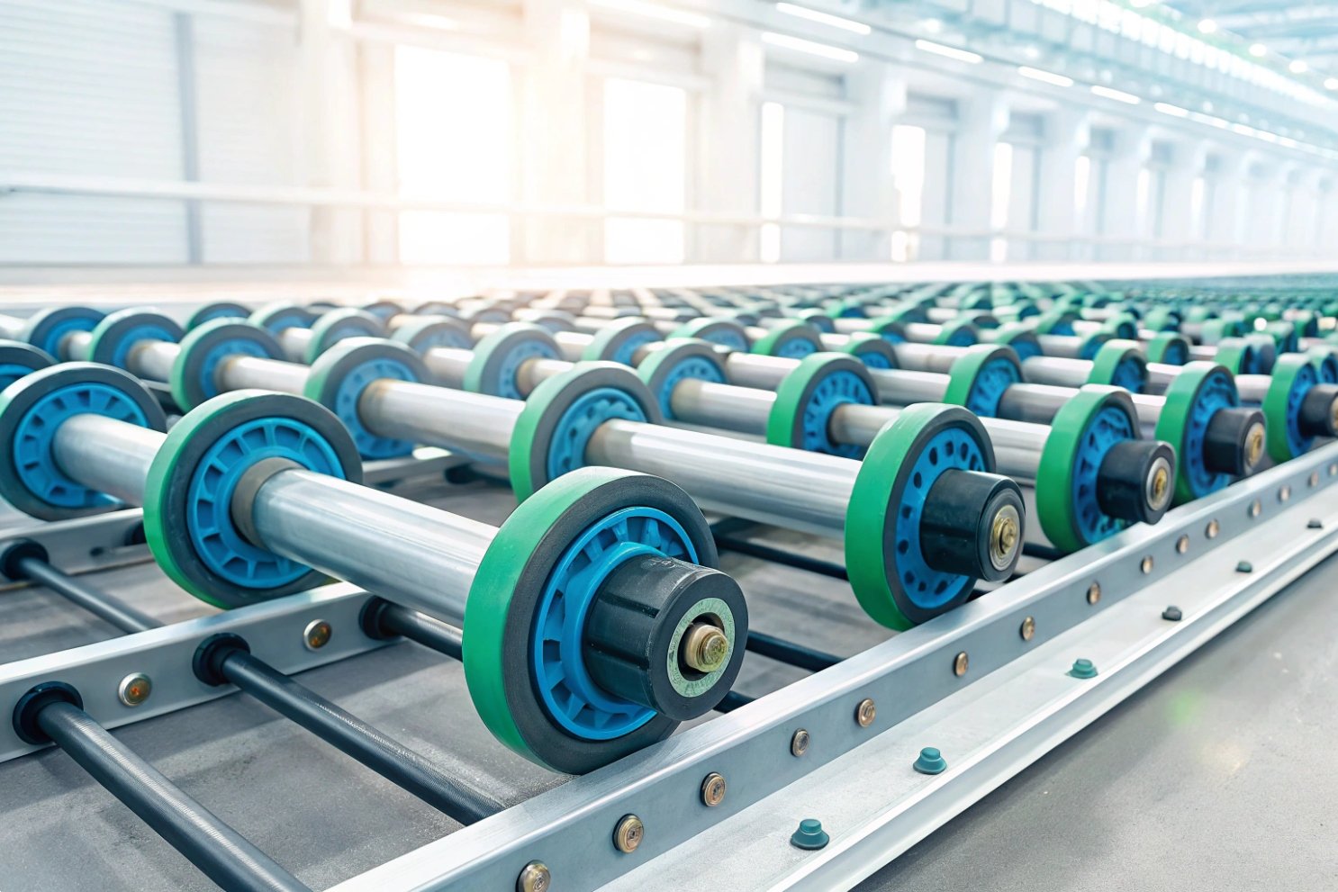 Rows of green and blue industrial conveyor rollers in a bright factory setting