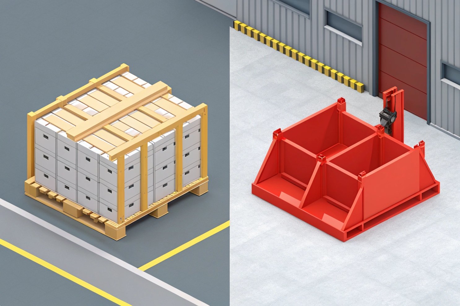 Split image: Palletized boxes and a red metal industrial skip or container