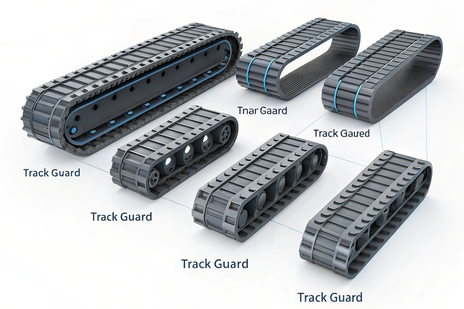 Various sizes and designs of excavator or bulldozer rubber track guards and track systems