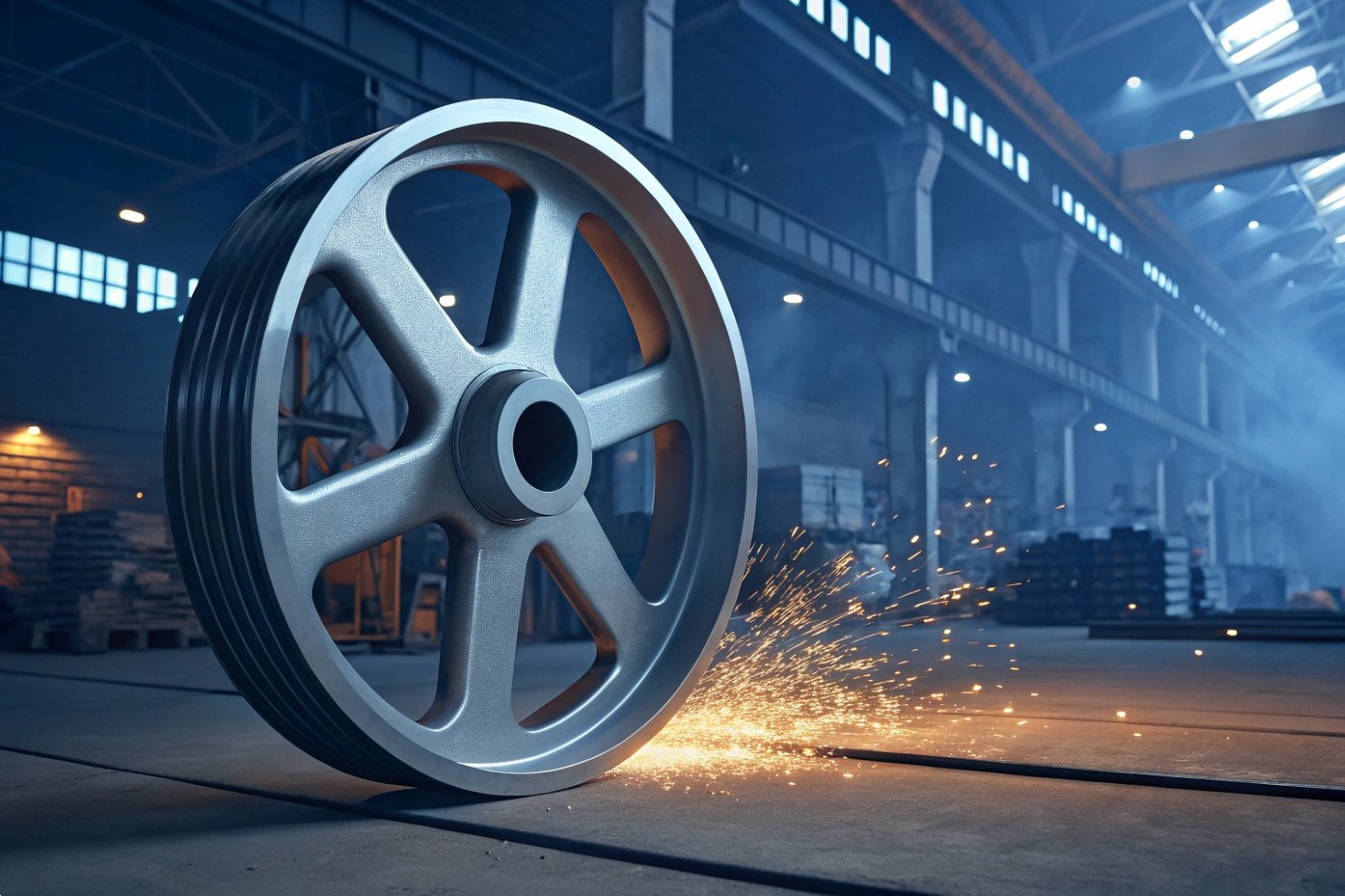 A large metal industrial wheel in a factory with sparks flying during the manufacturing process.