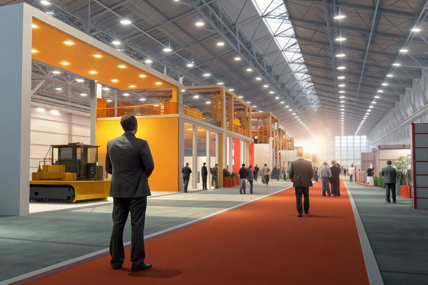 Crowded industrial trade show hall featuring large yellow machinery and exhibition booths.