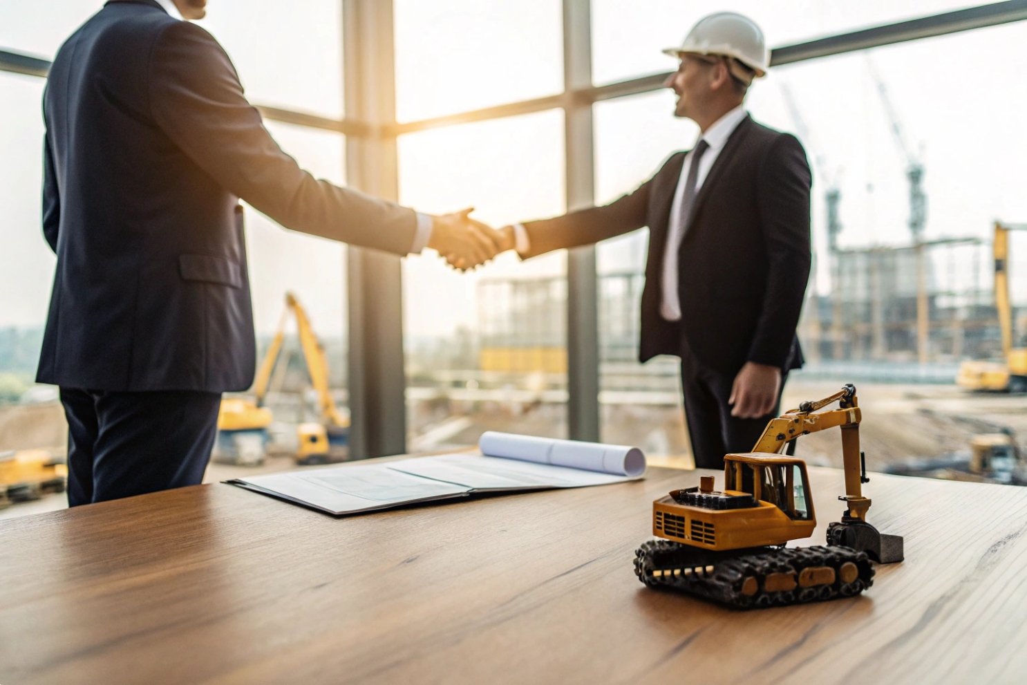 Business partners in suits shaking hands at a construction site office with heavy machinery.