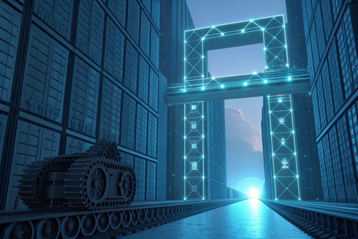 Futuristic automated warehouse with glowing digital structures and heavy-duty robotic crawler equipment.