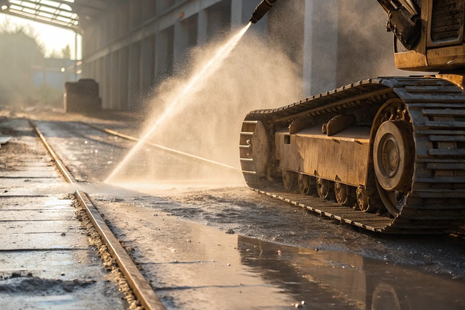 High pressure water cleaning of heavy machinery tracks at a construction site