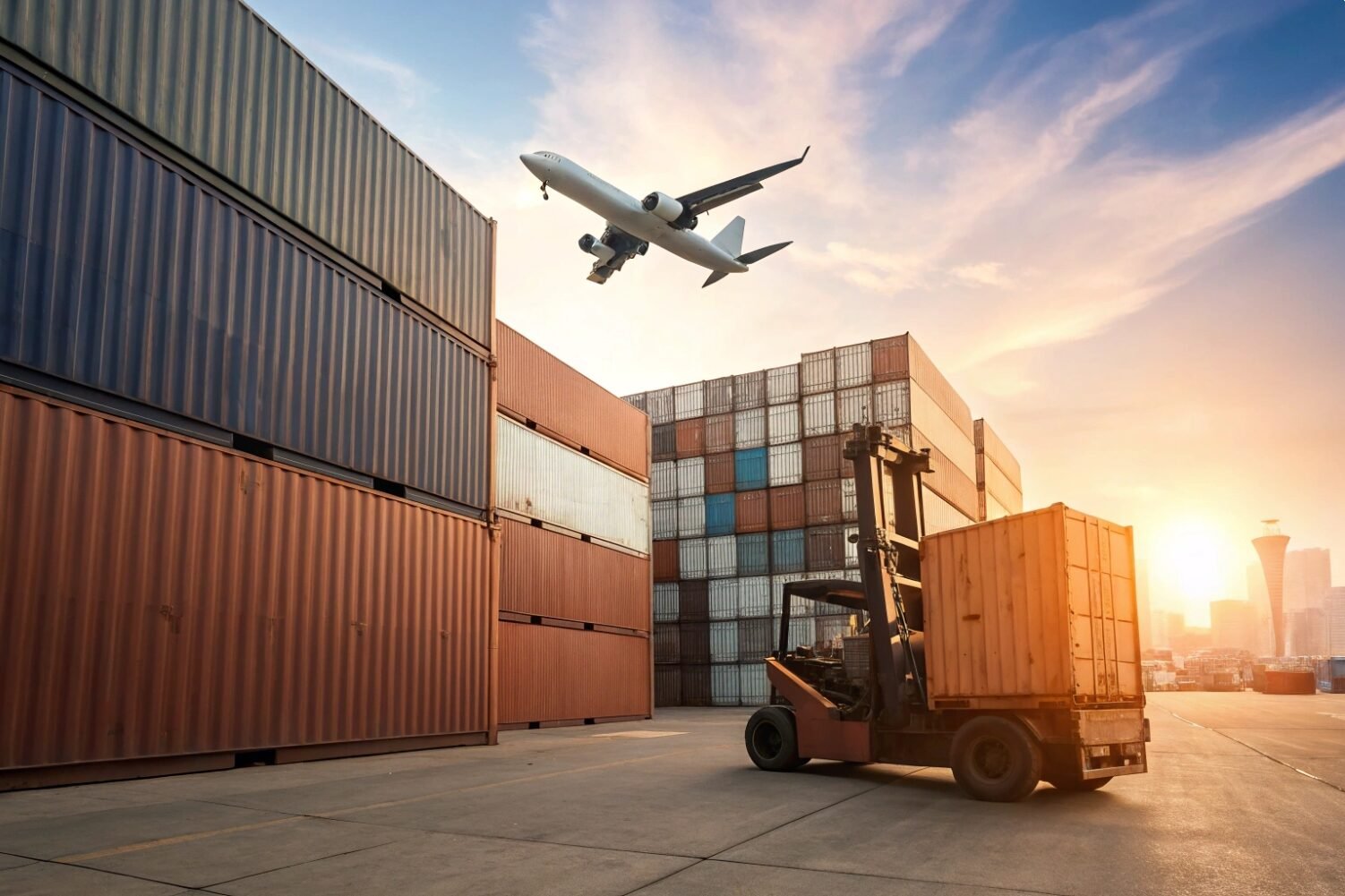 Logistics hub with shipping containers forklift and cargo plane at sunset