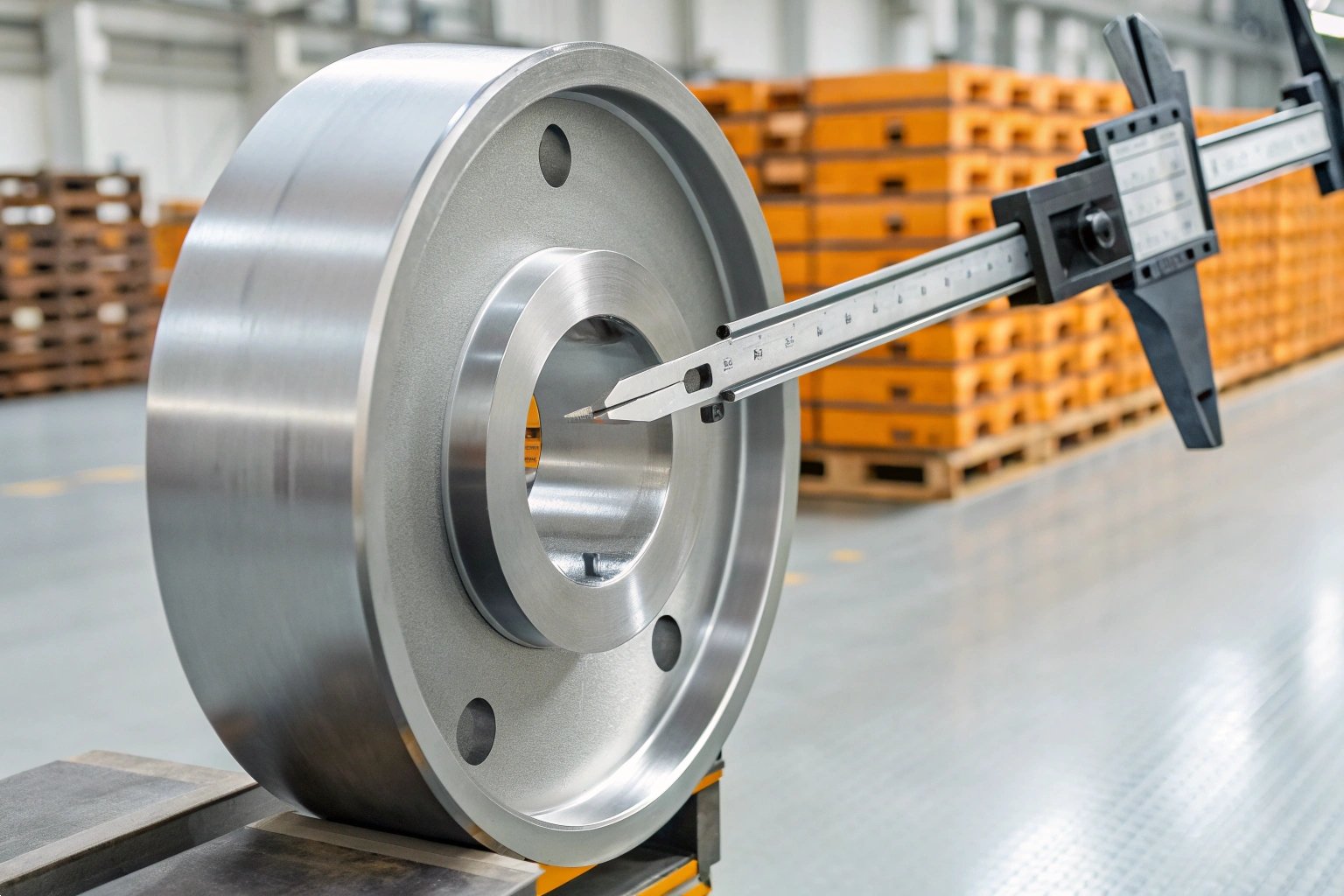 Digital caliper measuring the precision diameter of a large steel industrial gear