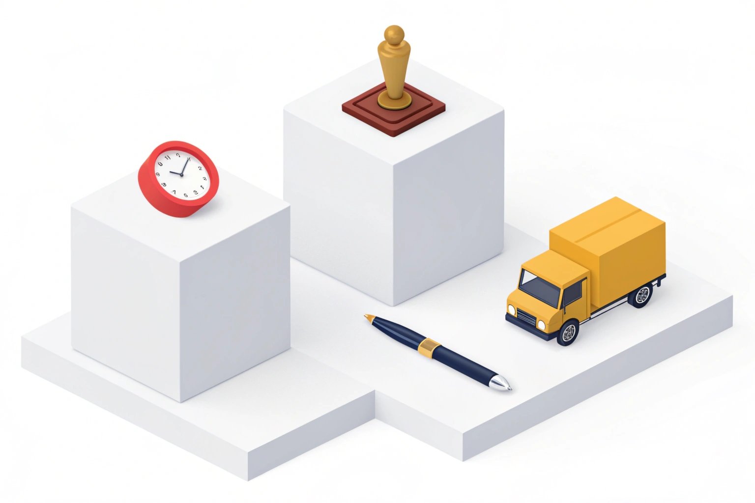3D isometric icons representing time management award recognition and logistics delivery services
