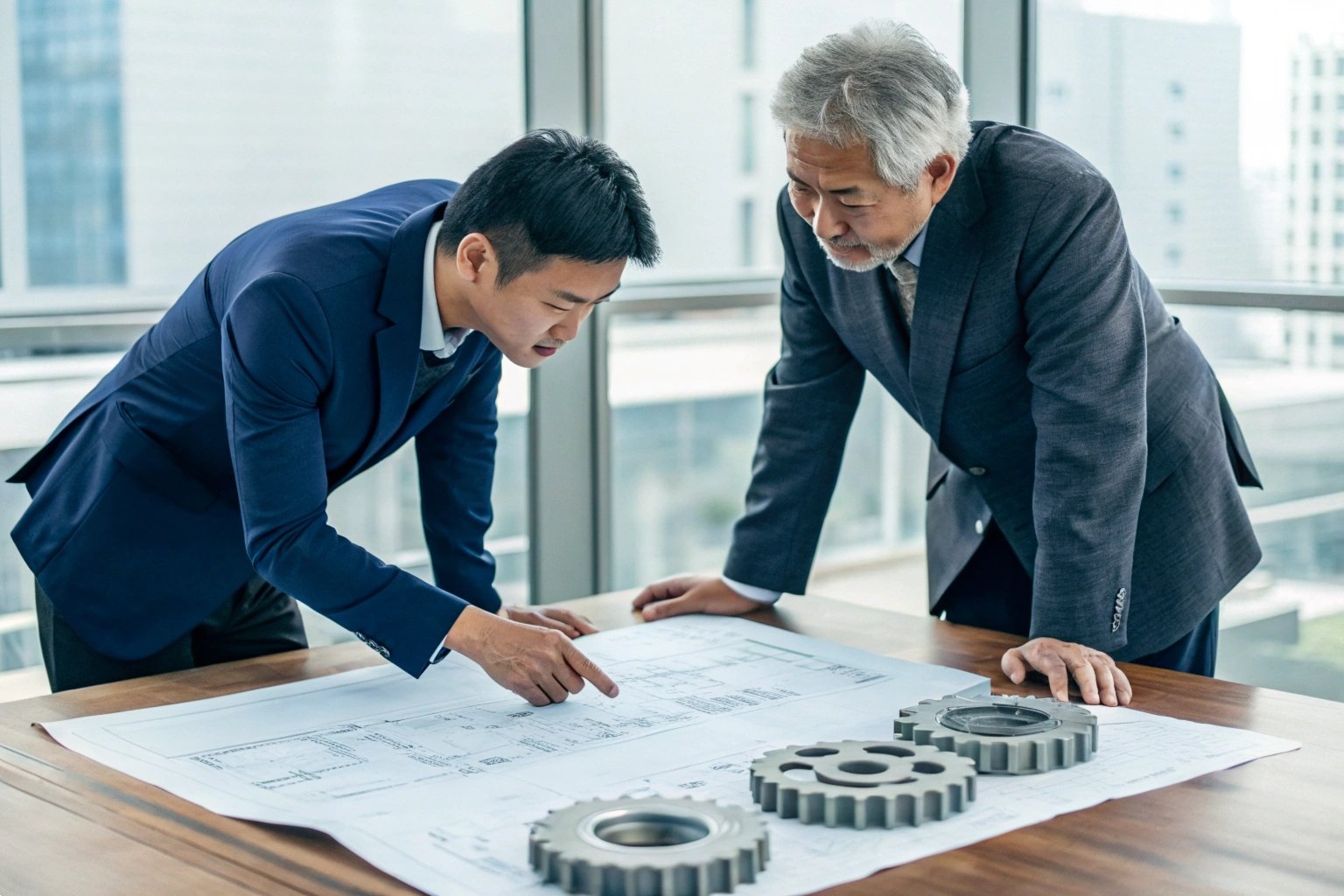 Two engineers discussing technical blueprints and metal gear components in a bright office