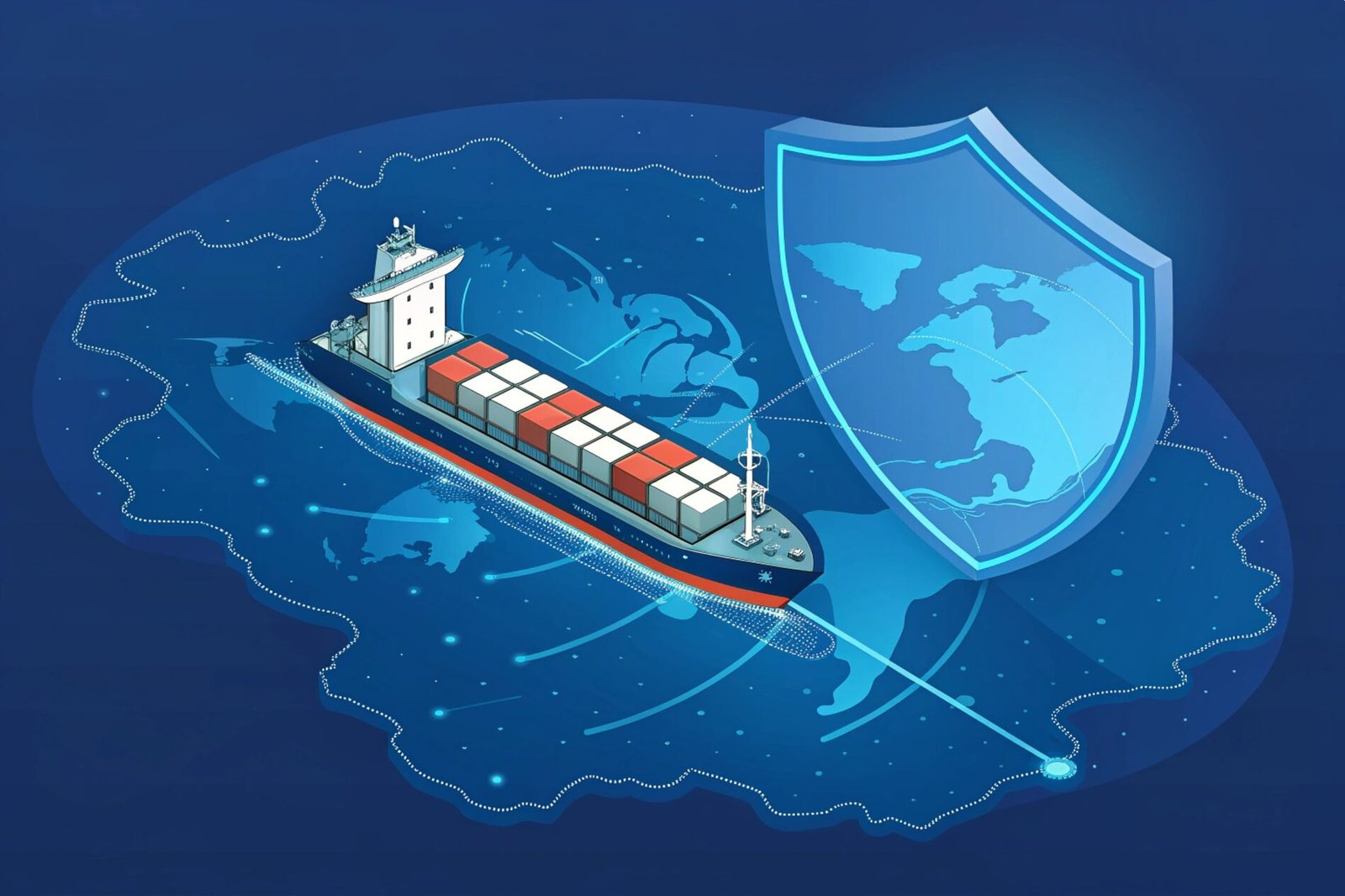 Digital illustration of a global cargo vessel with protective shield and mapping.