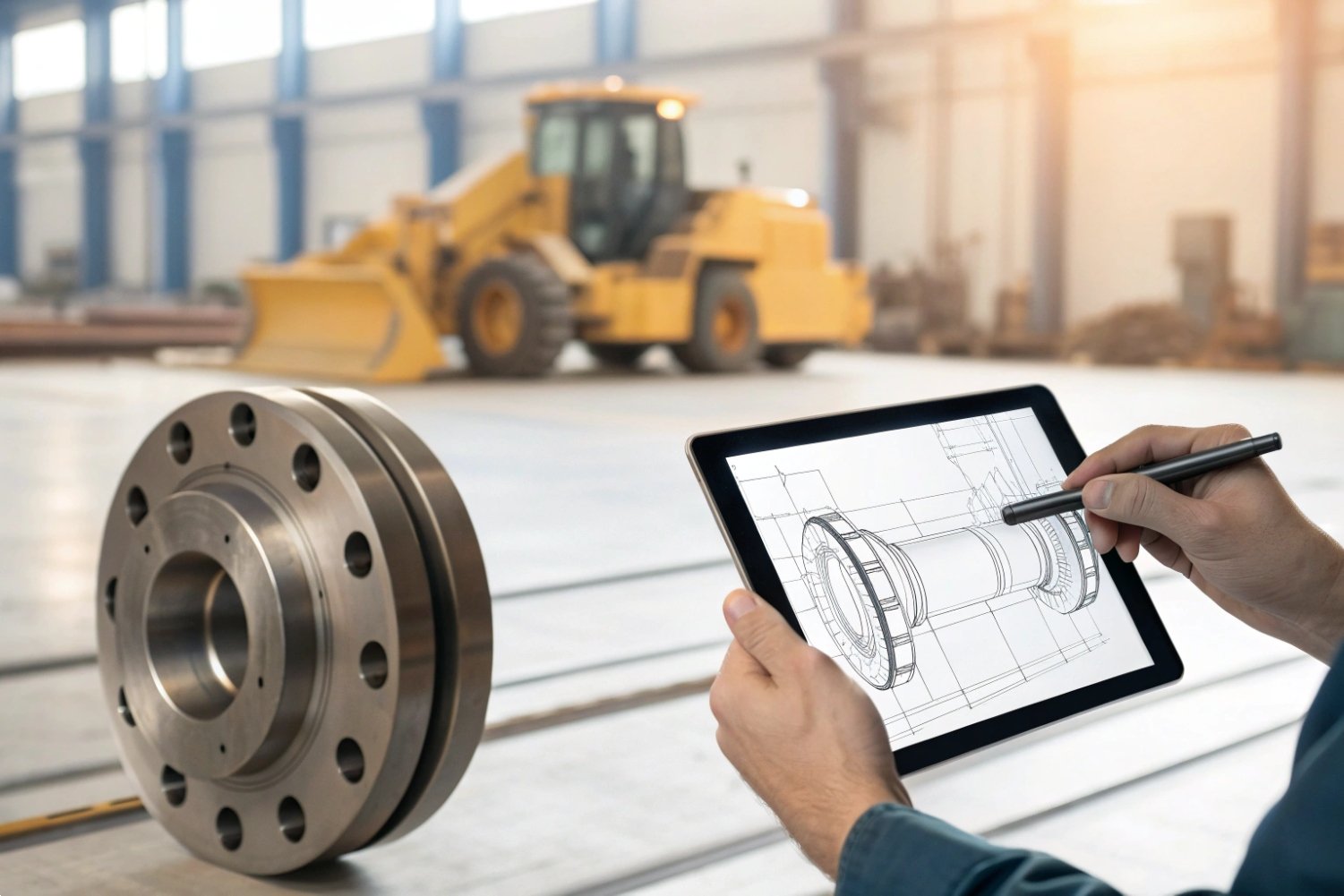 Engineer using a digital tablet to review technical blueprints of industrial machinery parts.
