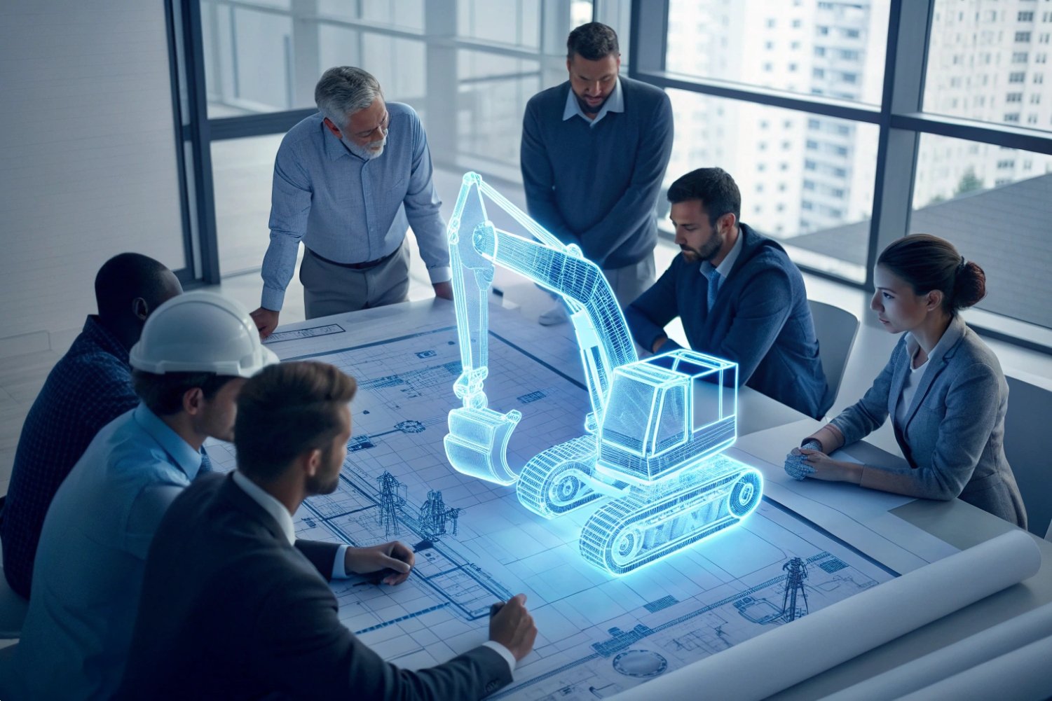 Engineers discussing holographic 3D excavator model during a technical project planning meeting
