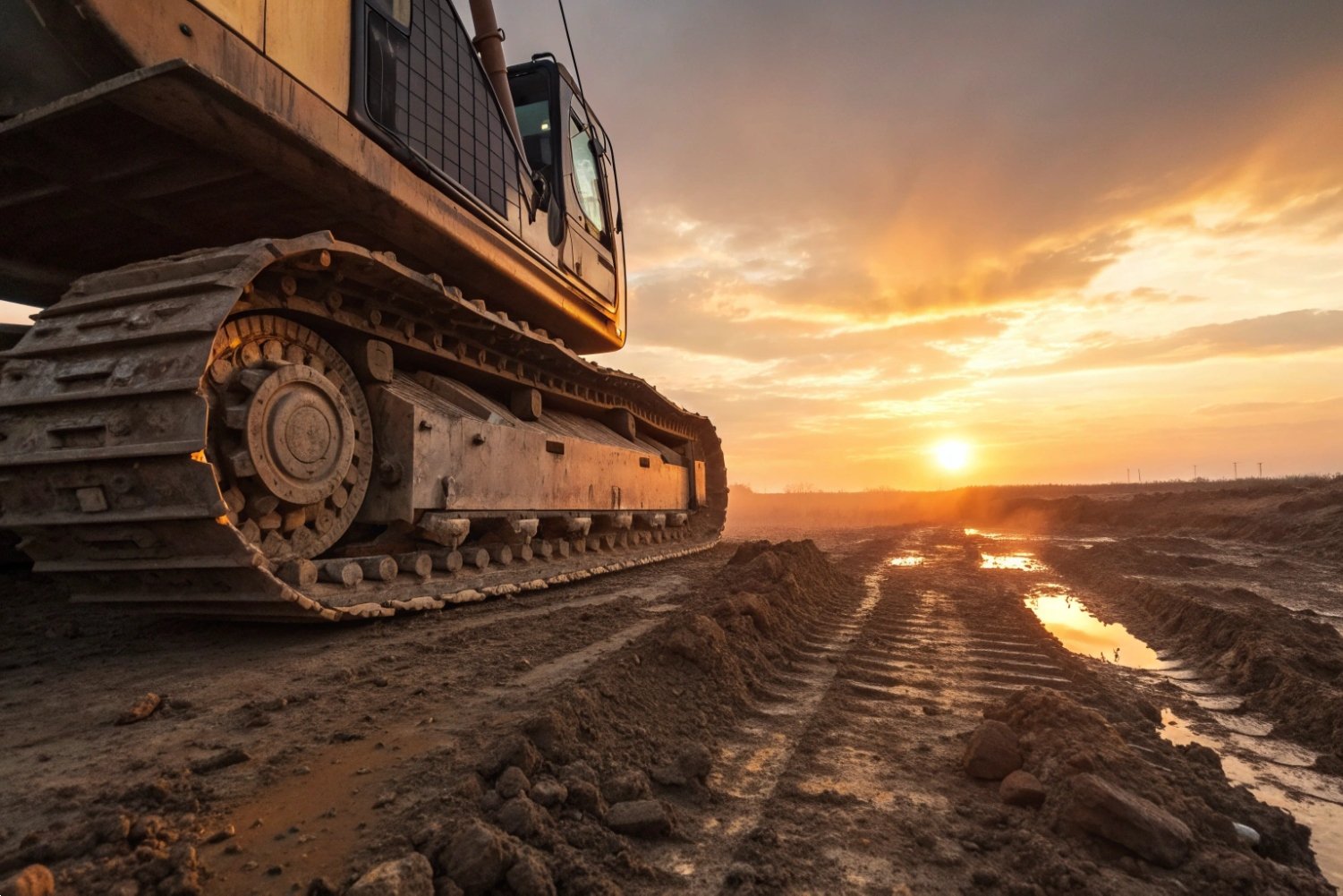 Heavy excavator metal tracks on a muddy construction site during a golden sunset background
