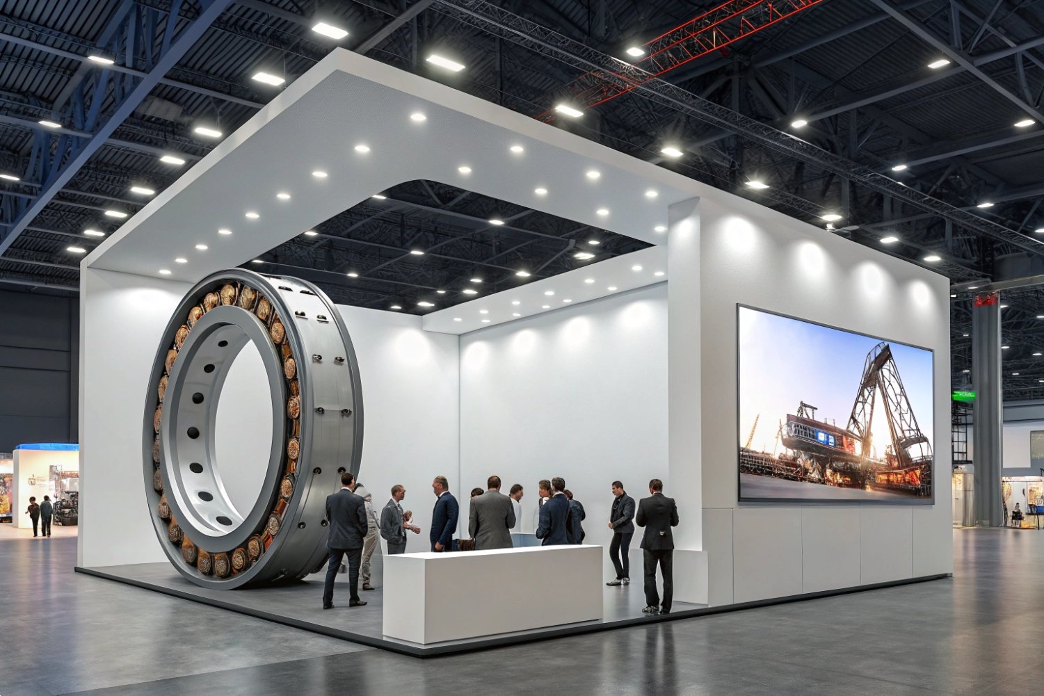Large industrial bearing displayed at a modern trade show booth with professional attendees