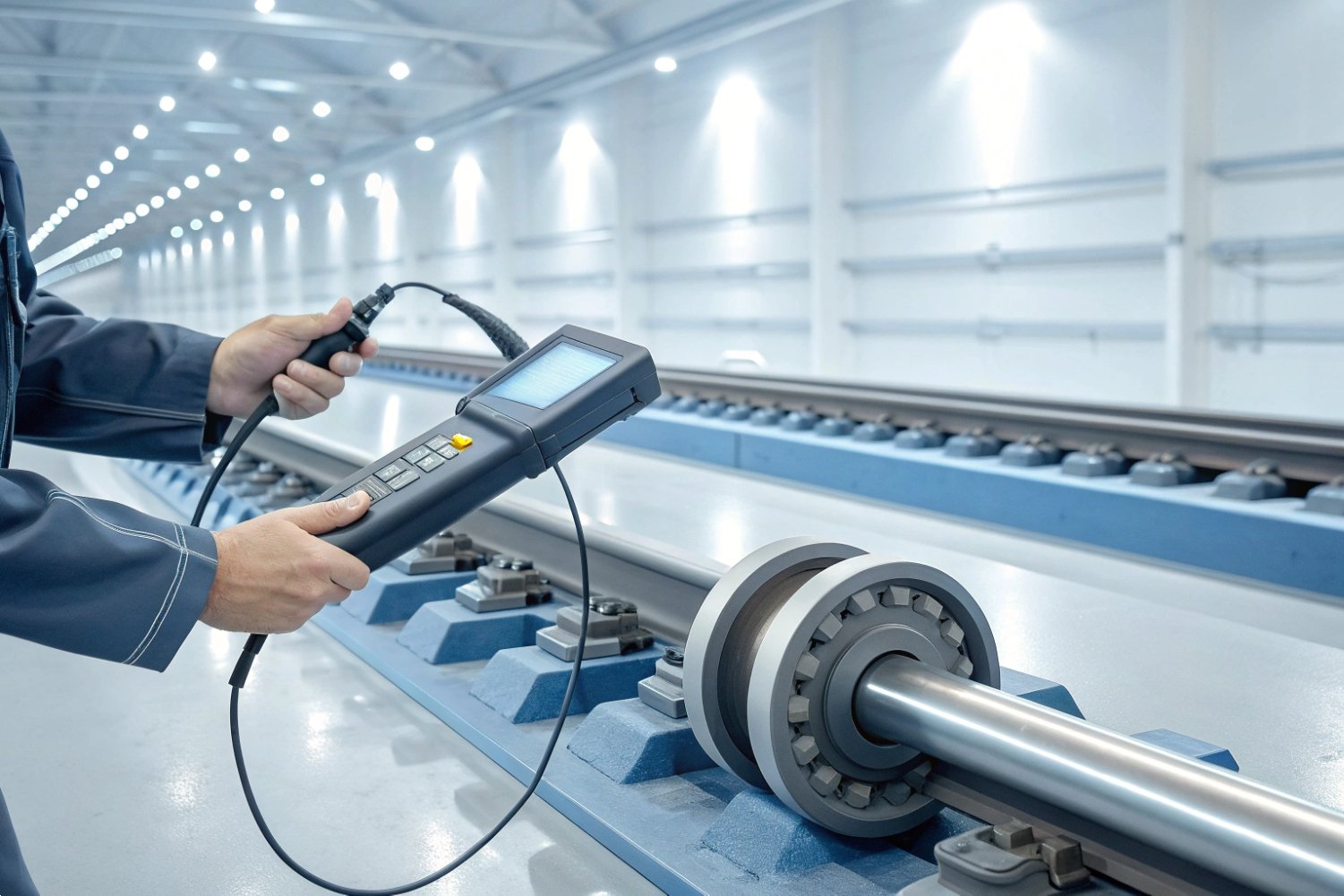 Precision Industrial Equipment Testing Quality control inspector using digital handheld diagnostic device to measure industrial steel rollers