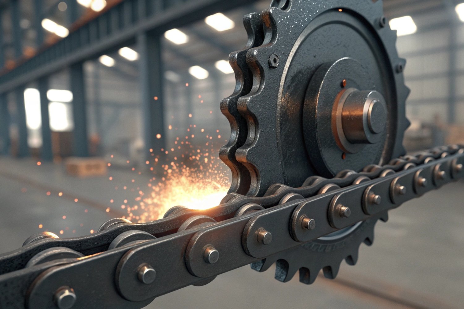 Close-up of industrial metal sprocket and drive chain with sparks in a factory setting