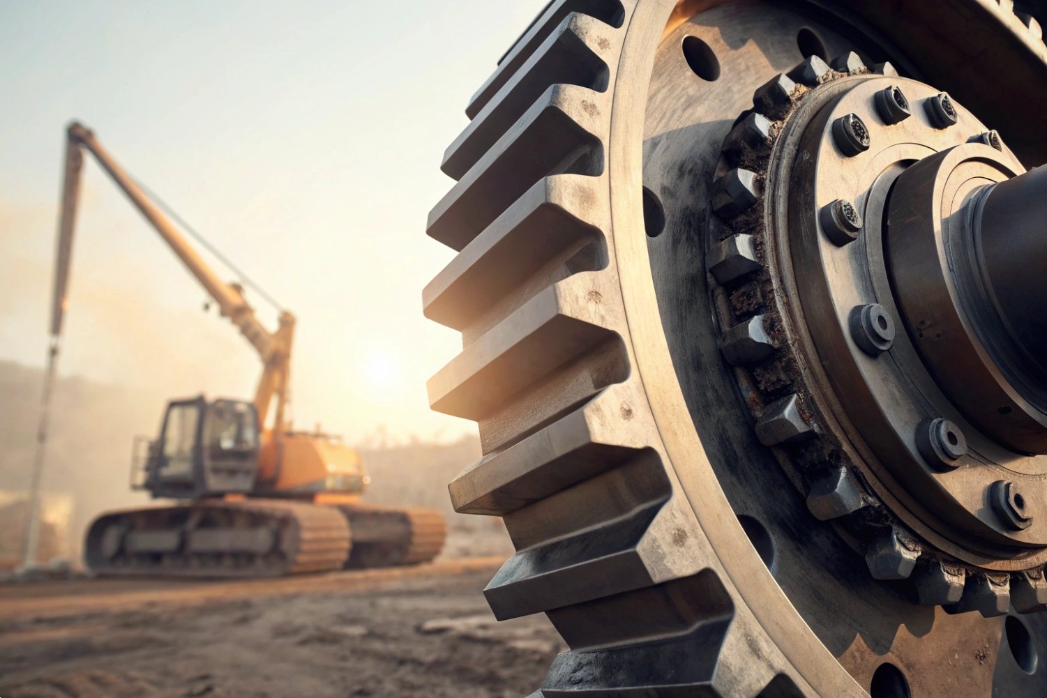 Heavy Duty Industrial Gear Close-up of a massive industrial steel gear with an excavator in the background.