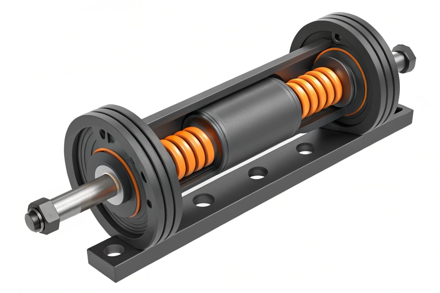 3D model of an industrial mechanical dampener with orange springs and black housing.