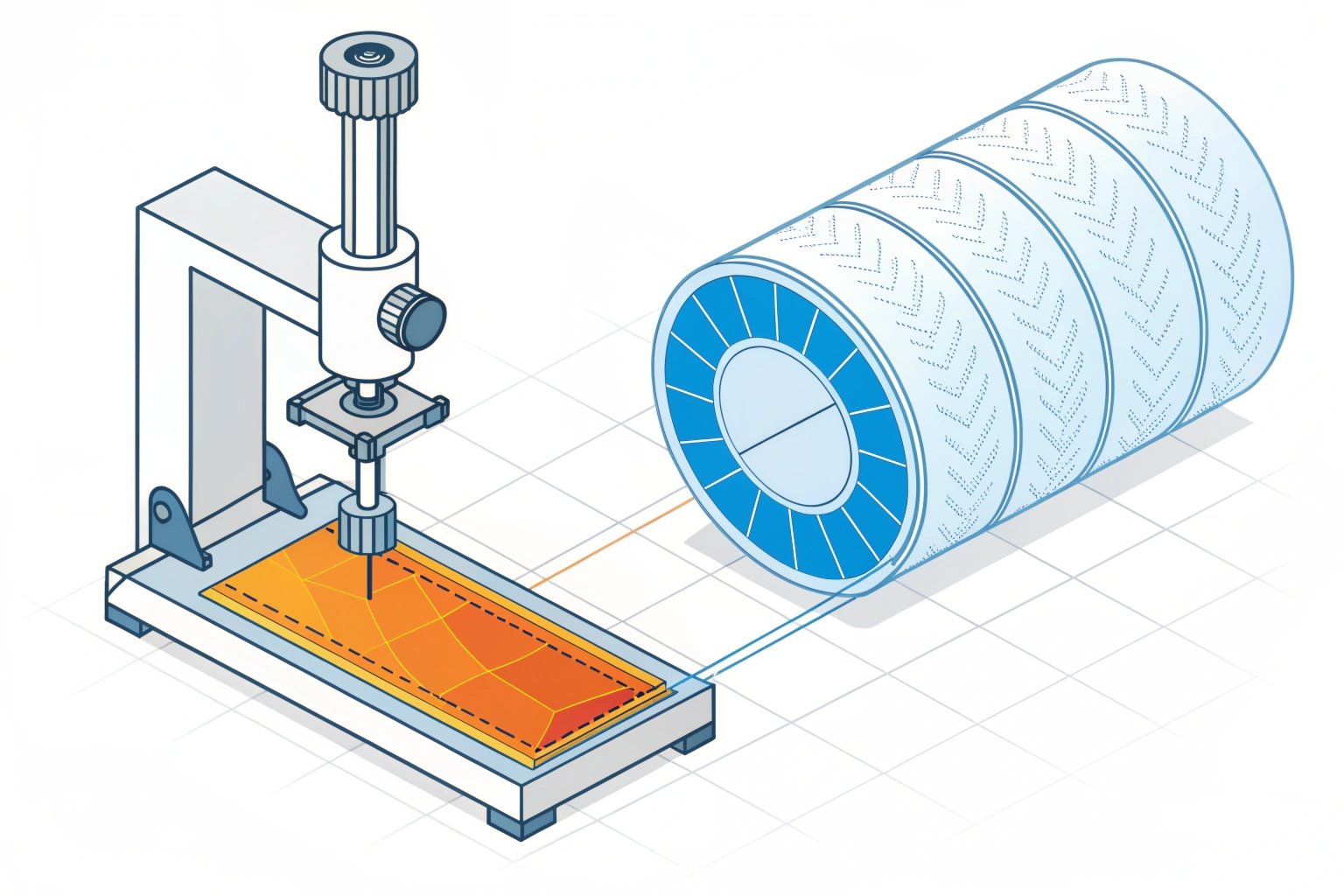 Hardness Testing & Case Depth Validation - Digital illustration of track roller's heat treatment layer with Vickers indentations