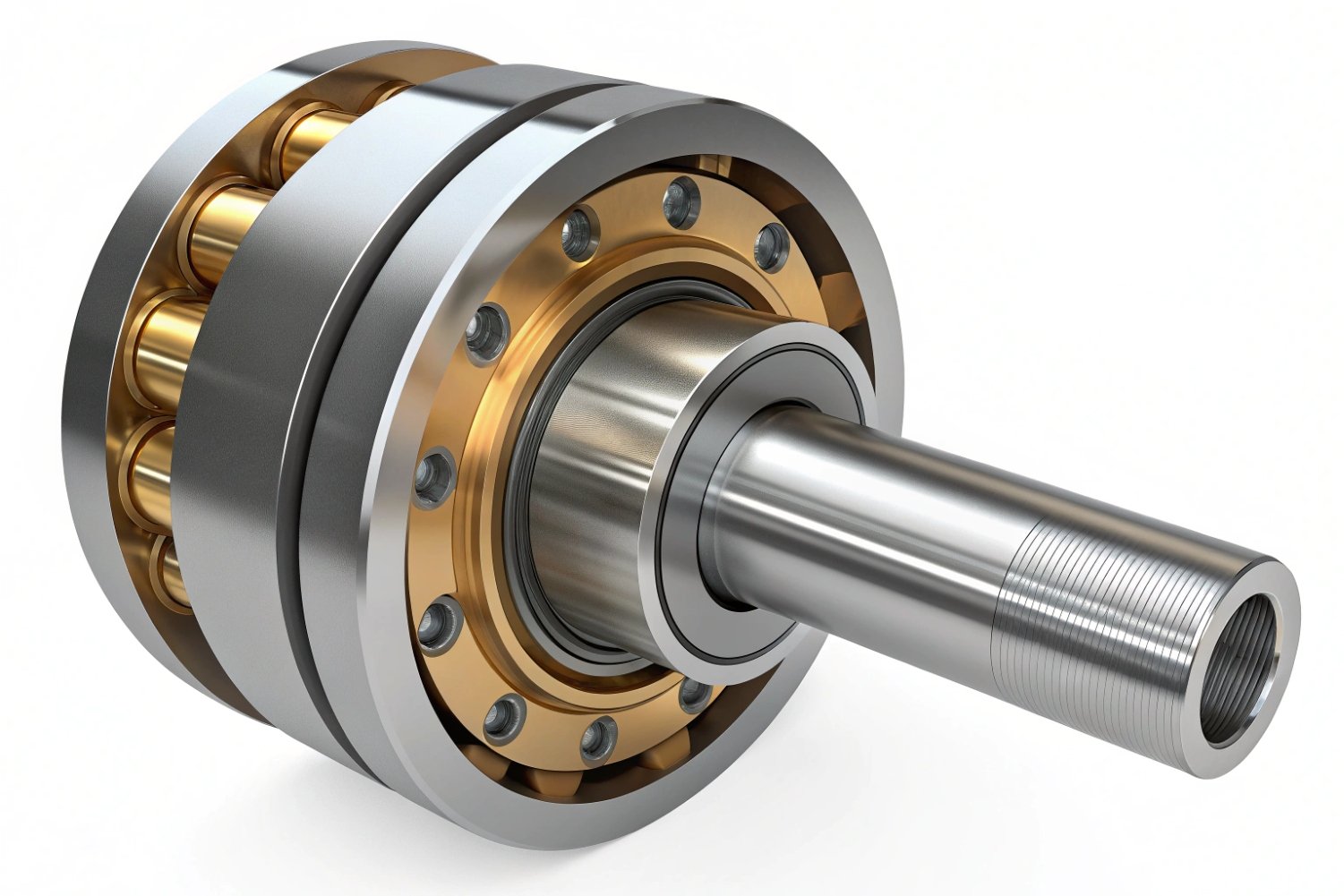 Mechanical Roller Bearing Detail Close-up of a high-performance industrial roller bearing assembly with a chrome steel shaft.