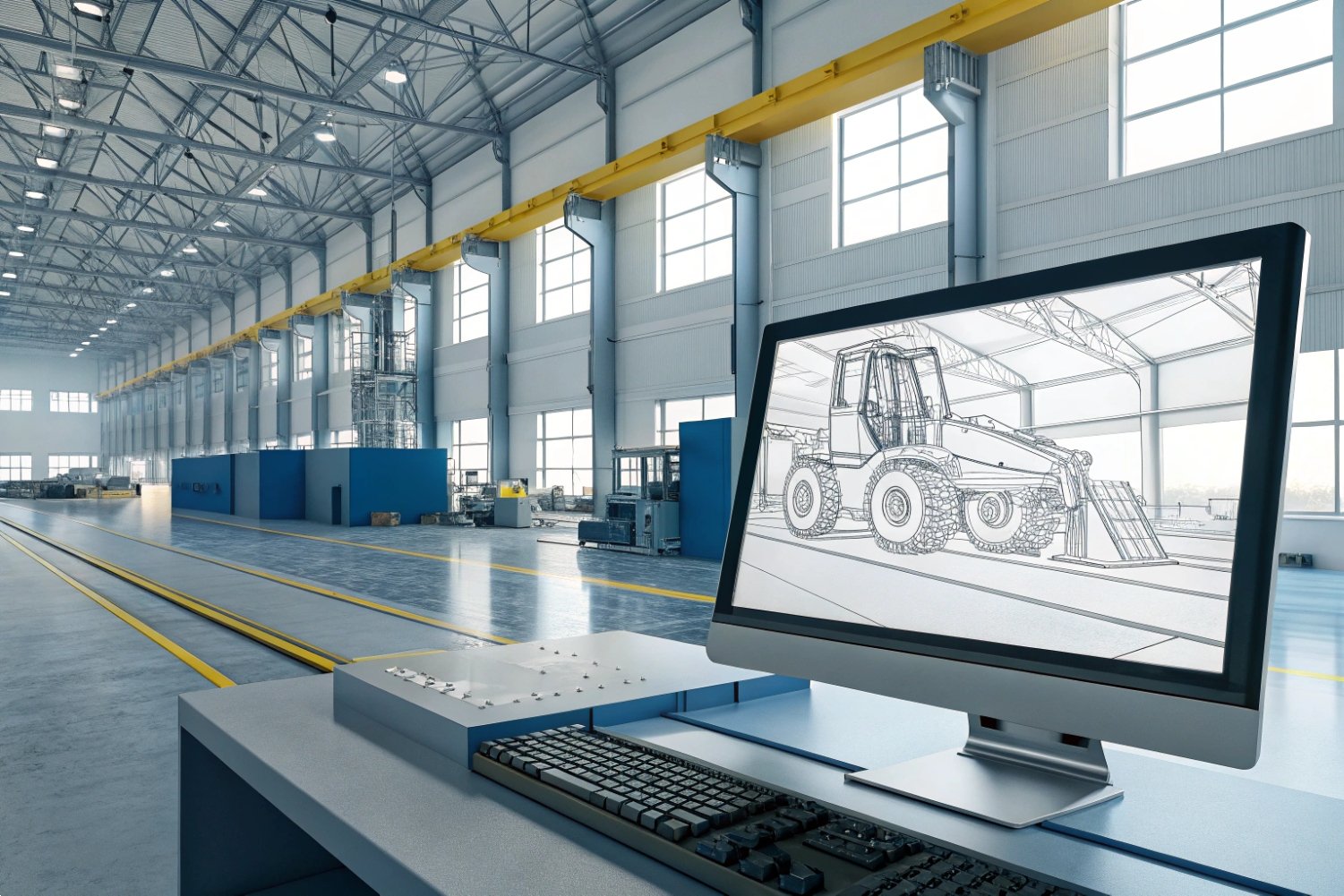 A computer monitor displaying a digital blueprint of a loader inside a spacious industrial factory.